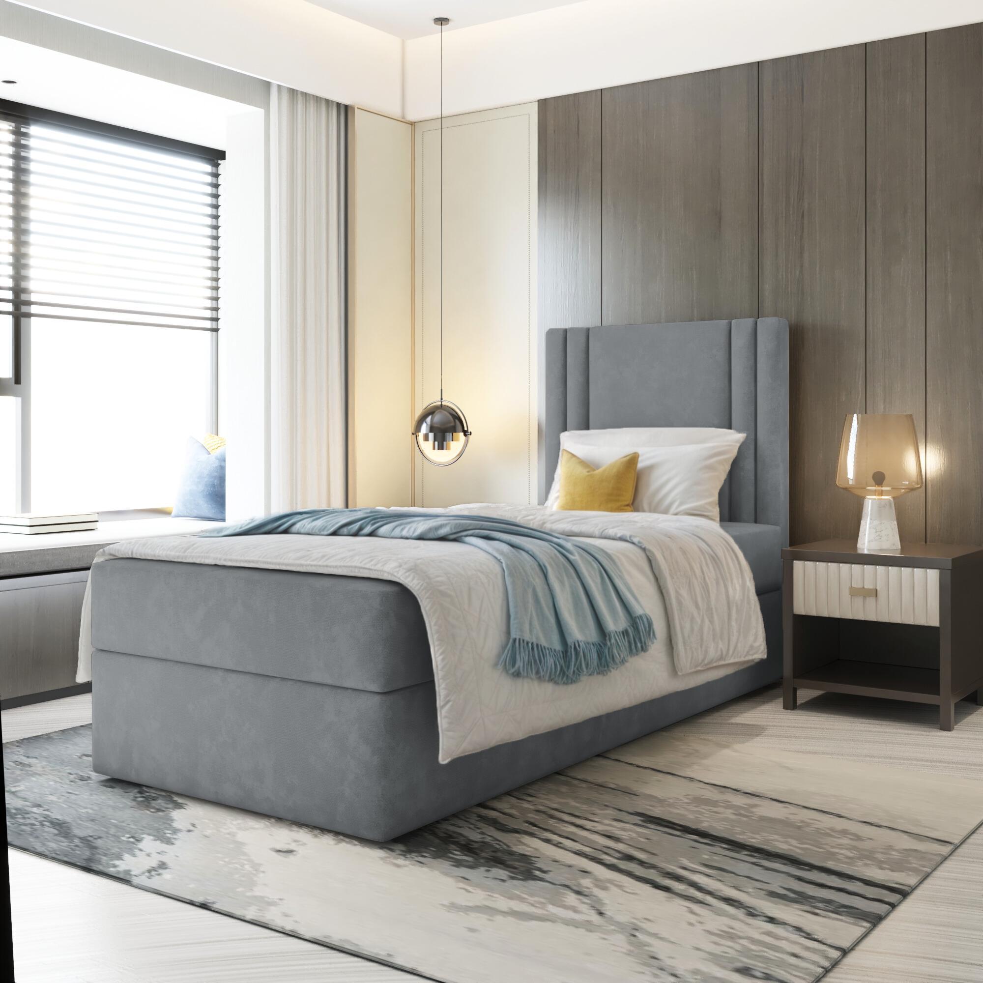 Premium-Moebel Einzebett Lira Mini Boxspringbett mit Bonell-Matratze Bett mit Bettkasten (100x200; Dunkelgrau Itaka 14, topper VISCO) LI89