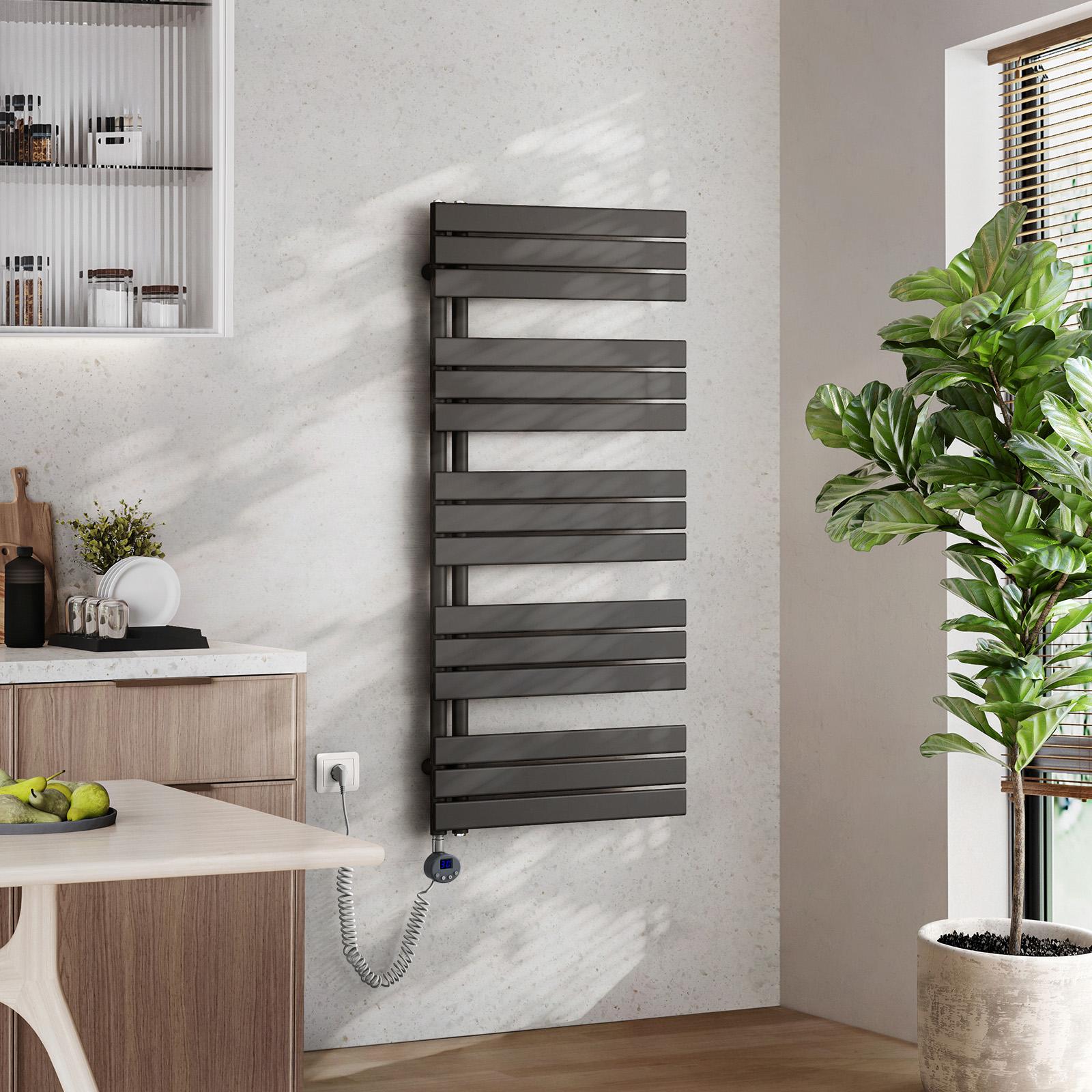 Elektrický kúpeľňový radiátor EMKE s termostatom na ohrev uterákov s wifi ovládaním 1320 x 600 mm antracitový držiak na uteráky so sušičom uterákov s 800W vykurovacím telesom