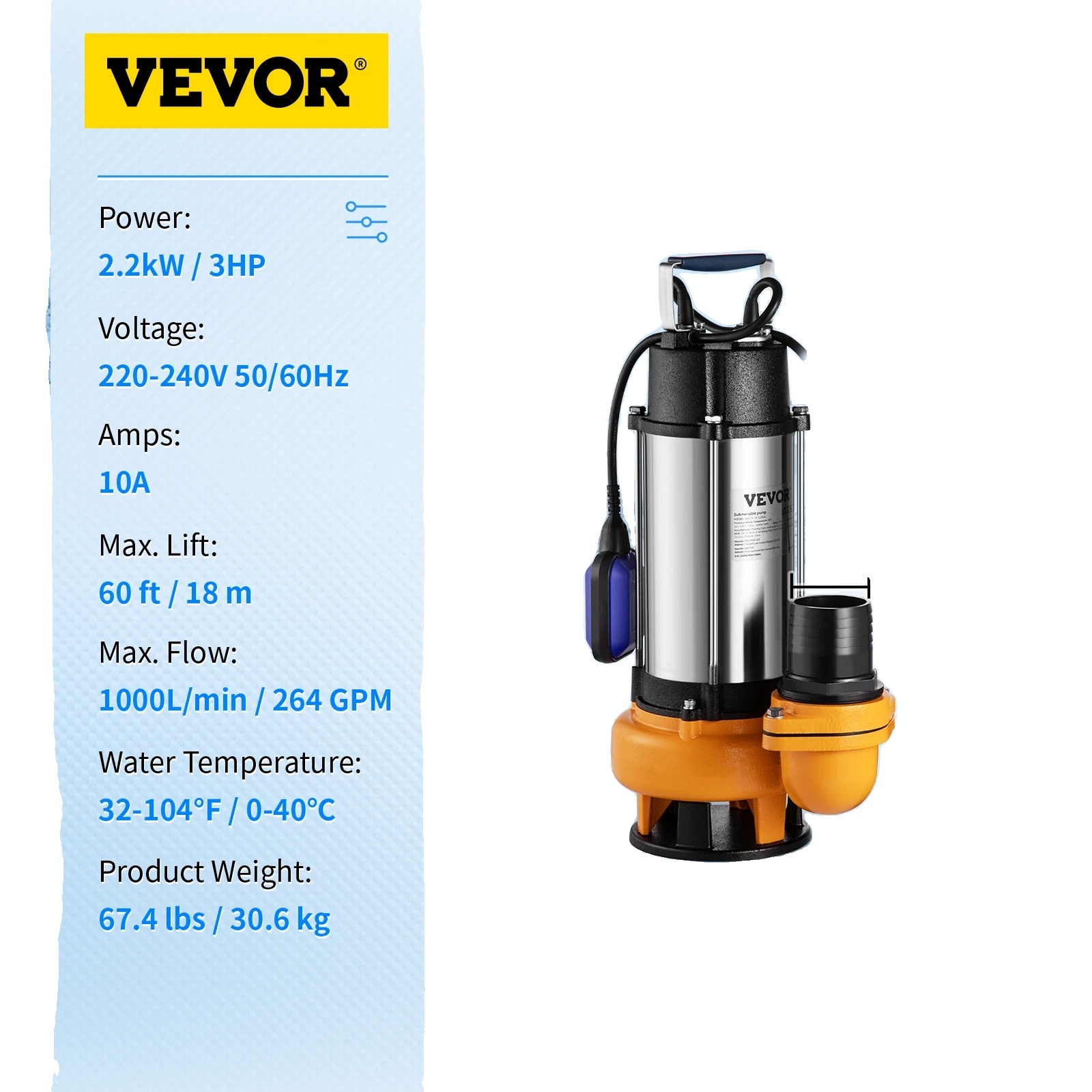 Ponorné vodné čerpadlo, 2200W 3HP, Max. prietok 1000L/min, 60 ft výtlačná výška, 2200W 3HP