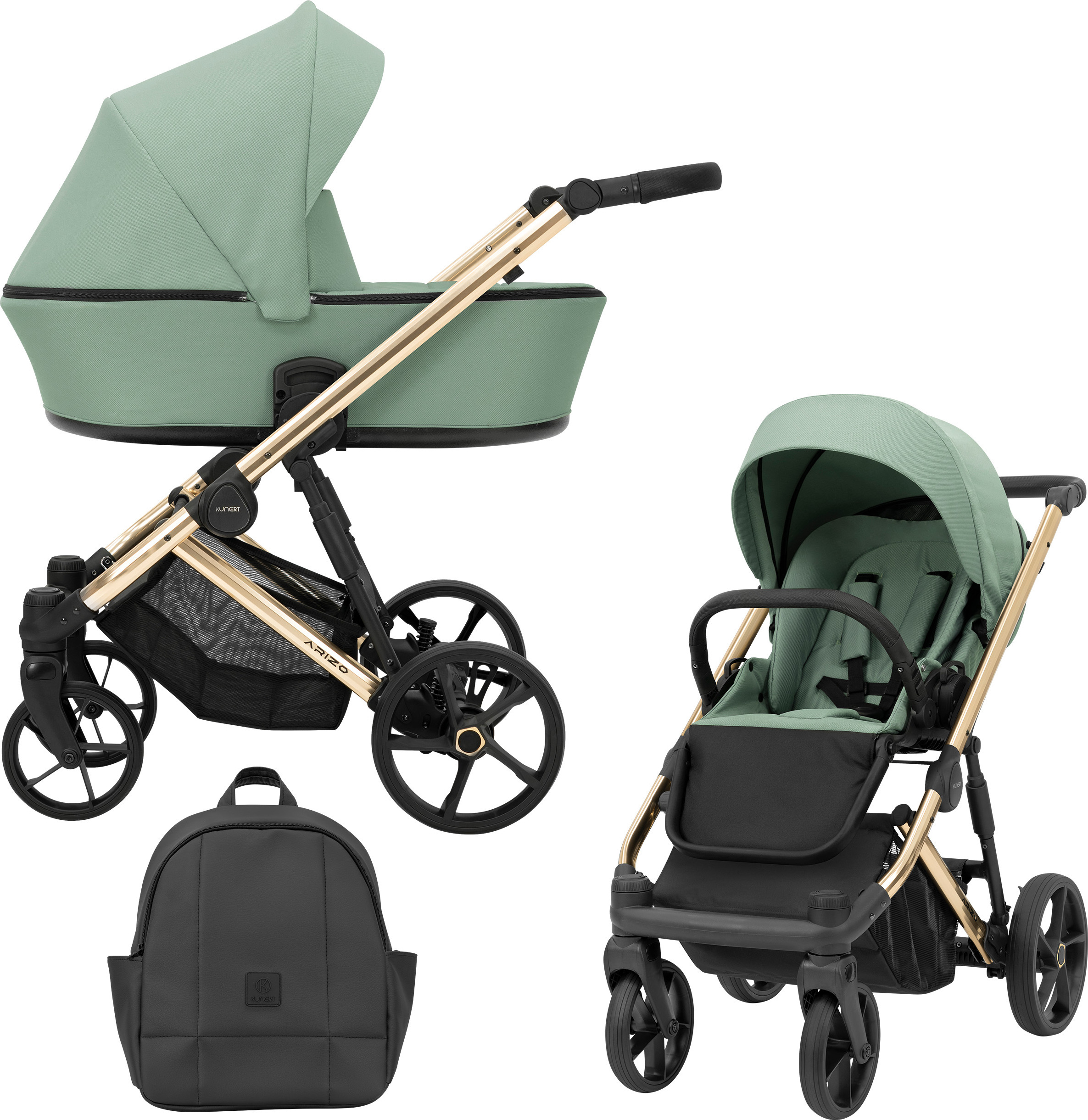 Kinderwagen ARIZO Sportwagen Babywagen Babyschale Komplettset Kinder Wagen Set 2 in 1 (Mint, Rahmenfarbe: Gold)