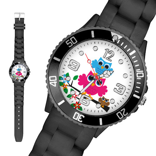 Taffstyle Kinder Armbanduhr Kinder Silikon Armbanduhr mit Eulen Motiv, Schwarz / 34mm