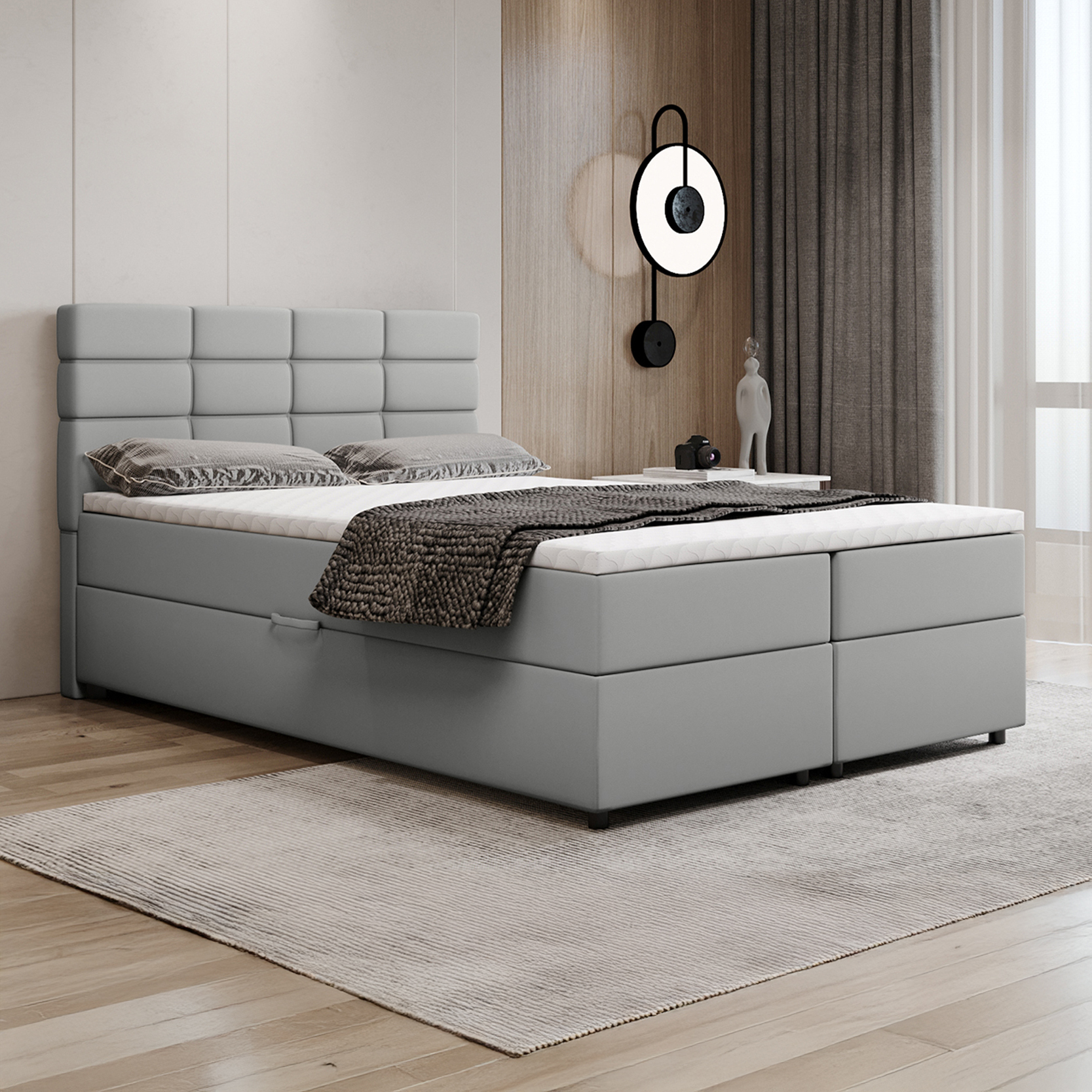 Boxspringbett 140x200, mit Bettkasten, Hellgrau, Matratze und Topper, Doppelbett, REVE, Panda Möbel