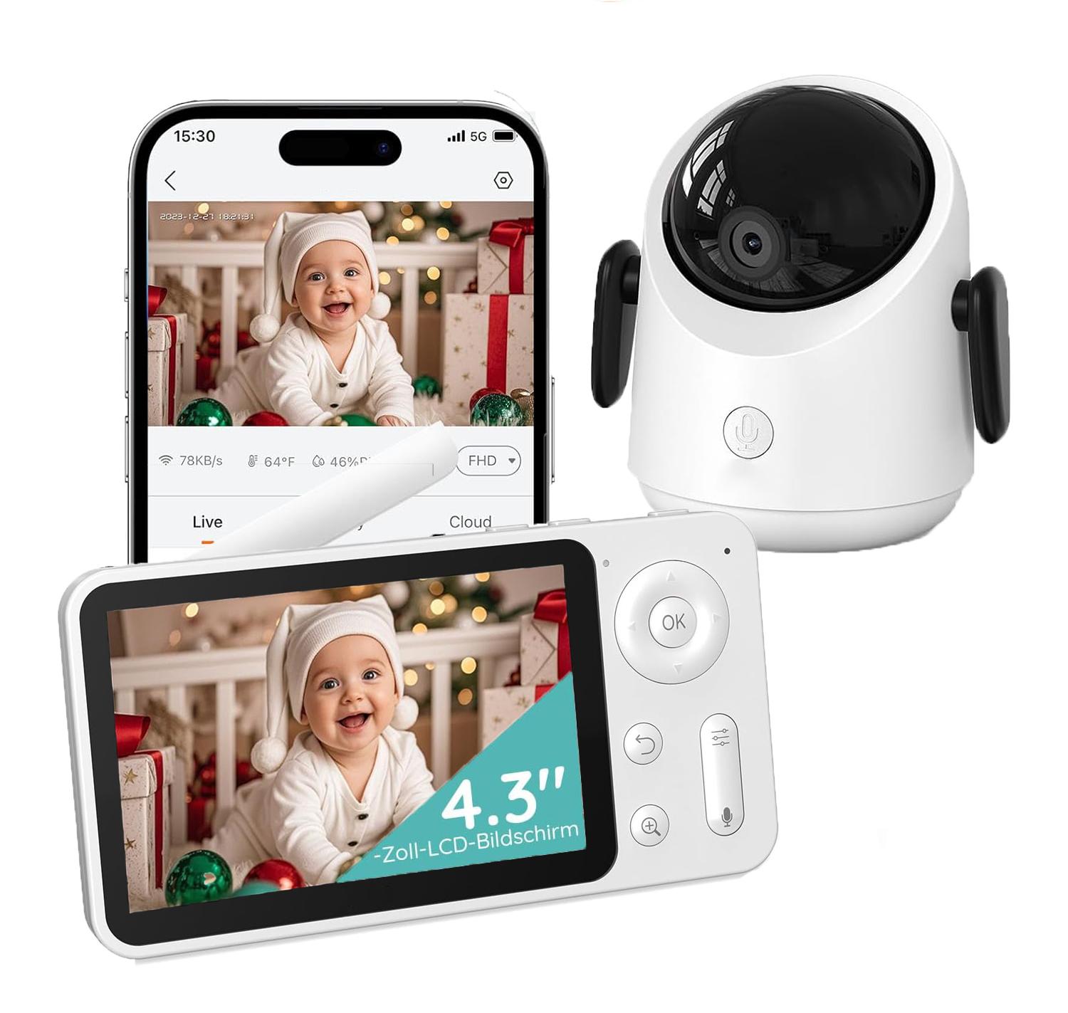 Avylet Babyphone mit Kamera 360 Gard WLAN 2MP Video Babyfon mit App 4×Zoom Bewegungsverfolgung IR Nachtsicht Weinen/Bewegungs/Geräuscherkennung BM0031BKEUBF