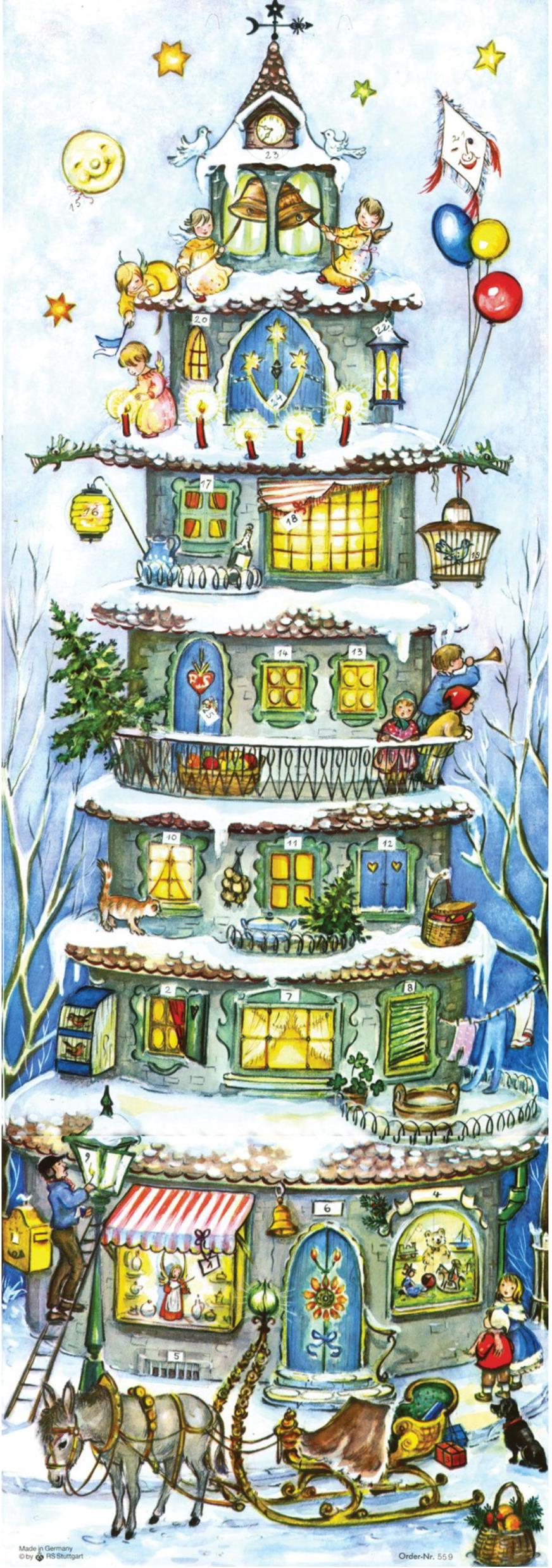 Adventný kalendár „Vianočná veža“ s 24 ilustrovanými dvierkami
