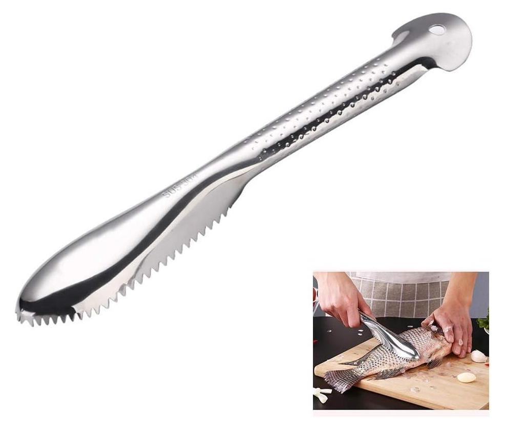 Mmgoqqt Fischschupper, Fischschuppenschaber aus Edelstahl 304, Multifunktionaler Fischschuppenhobel, Tötungsbürste für Fische, Fischhobel, Küchengerät Kau-LA-25071-90