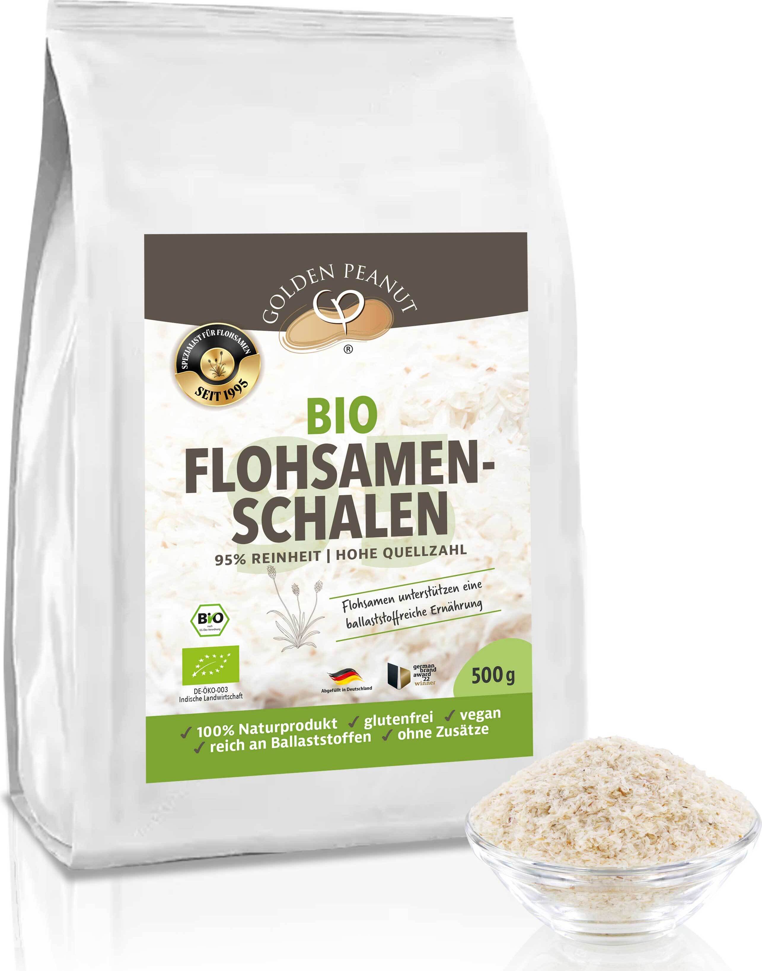GOLDEN PEANUT Flohsamenschalen BIO 500 g – 95% Reinheit, Indien, ballaststoffreich, glutenfrei vegan, Naturprodukt 30081-02