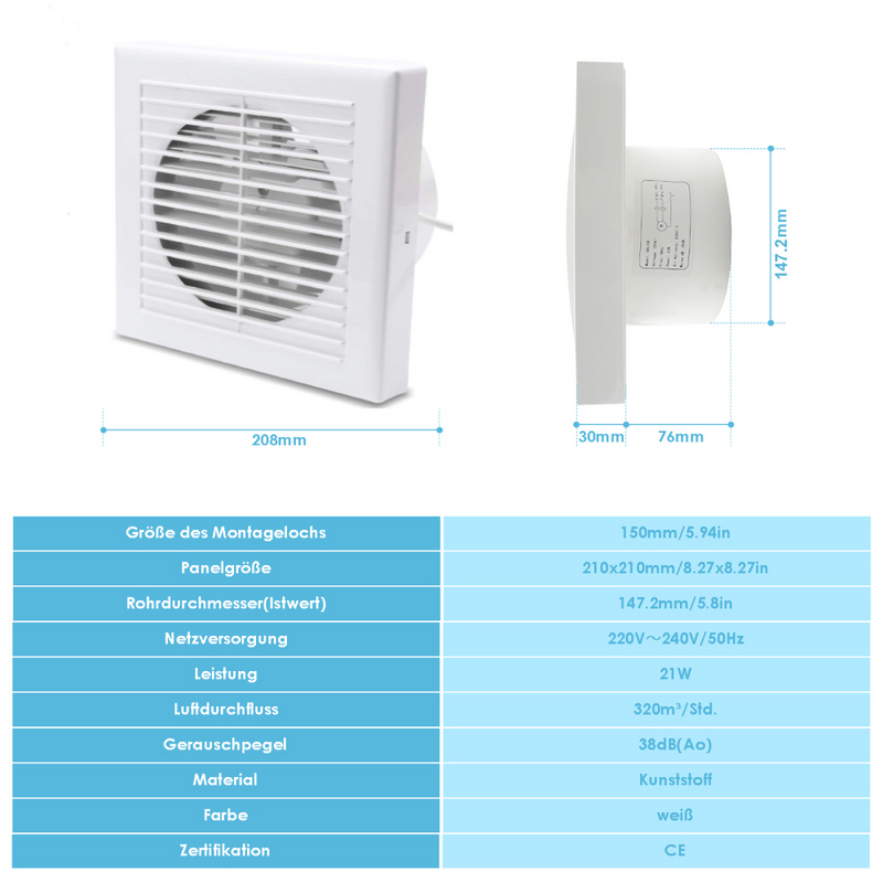 Peviasot Badluefter Ventilator Wandluefter Leise Weiss WC 150mm Mit Rueckflussleitblech RLYY-HG307-1