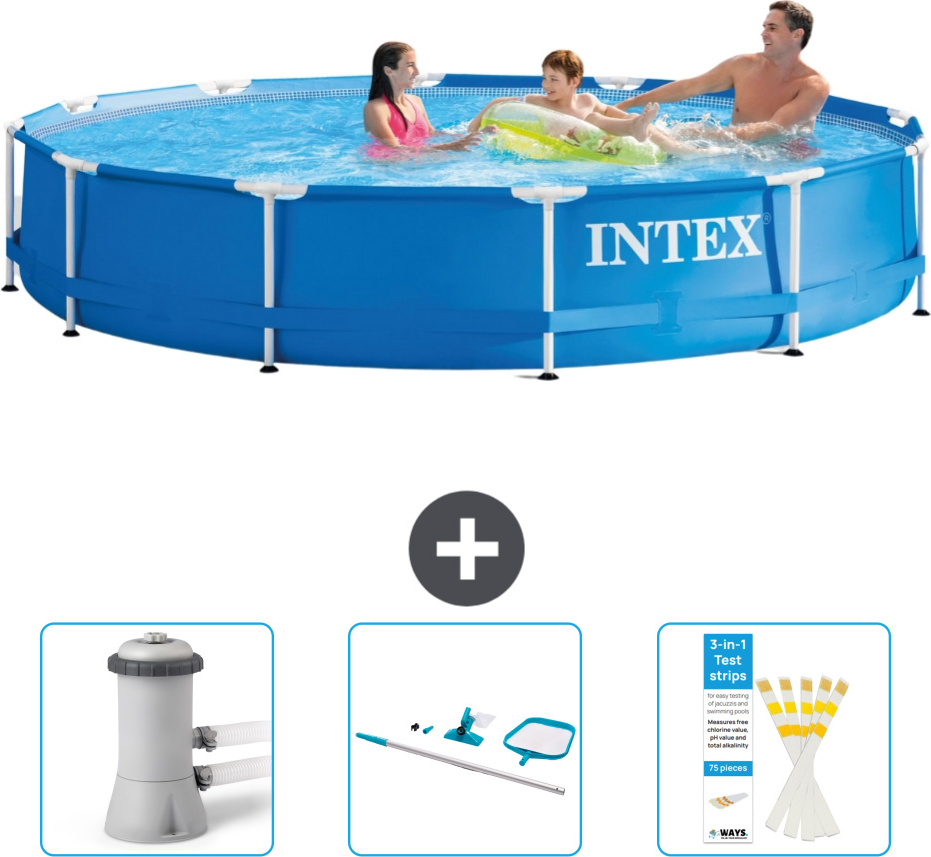 Bazén Intex s okrúhlym rámom - 366 x 76 cm - modrý - obsahuje filtračné čerpadlo pre bazén - čistiacu súpravu - testovacie prúžky