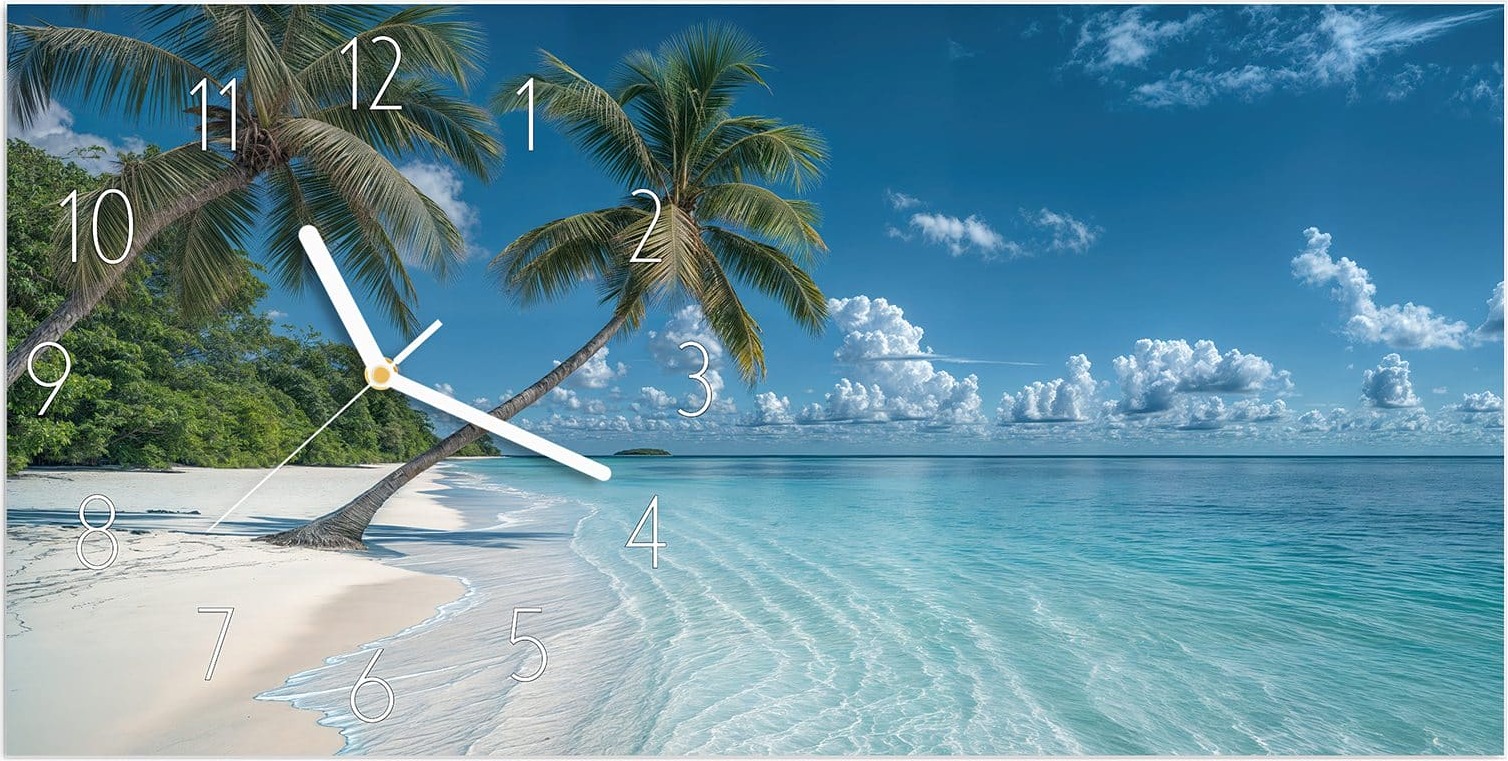 Primedeco Wanduhr aus Glas mit Motiv Strandurlaub- 60 x 30 cm - inkl. Aufhängesystem