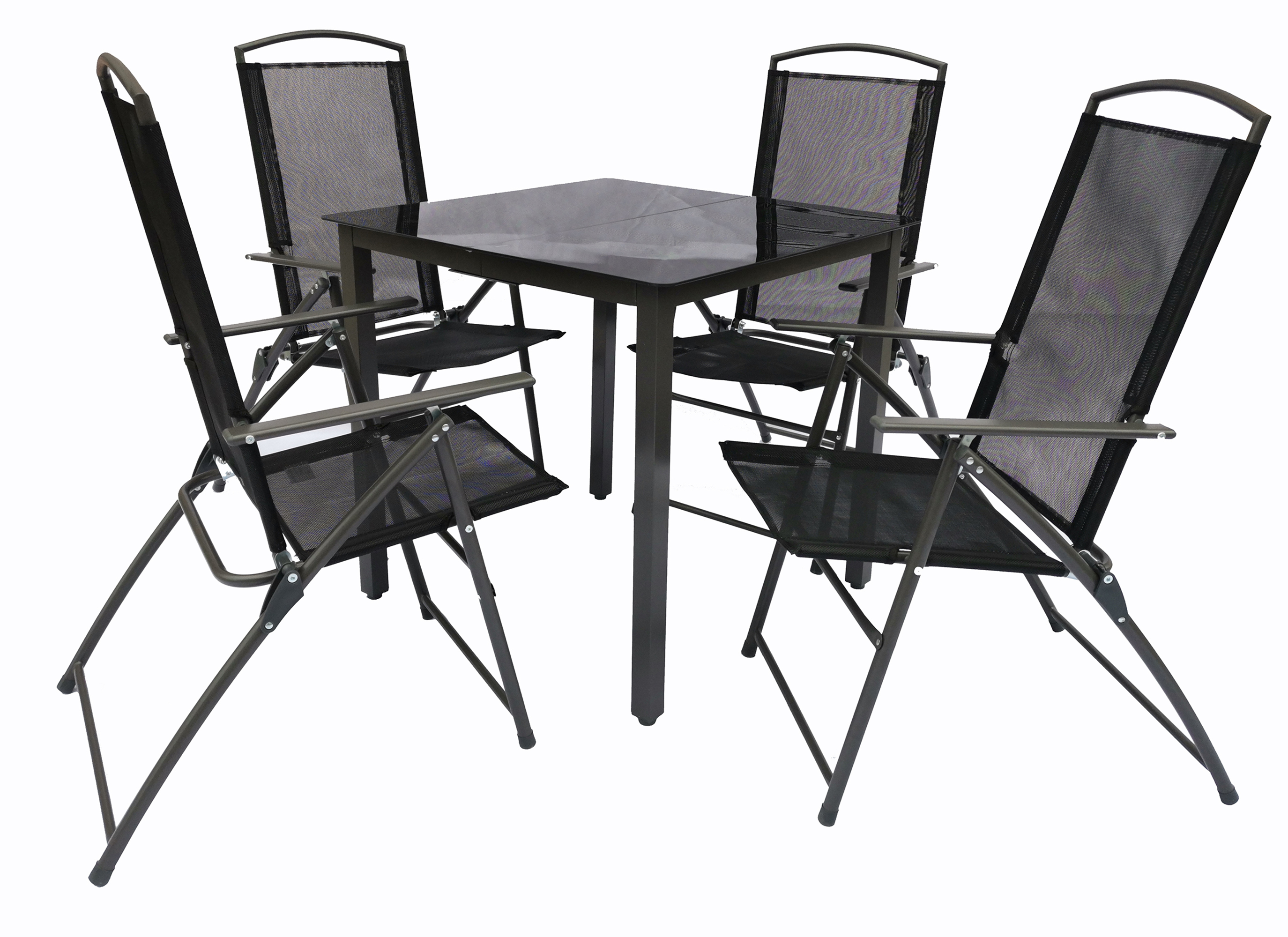 Cille záhradný set 80x80cm stôl, 4 stoličky čierne sklo.