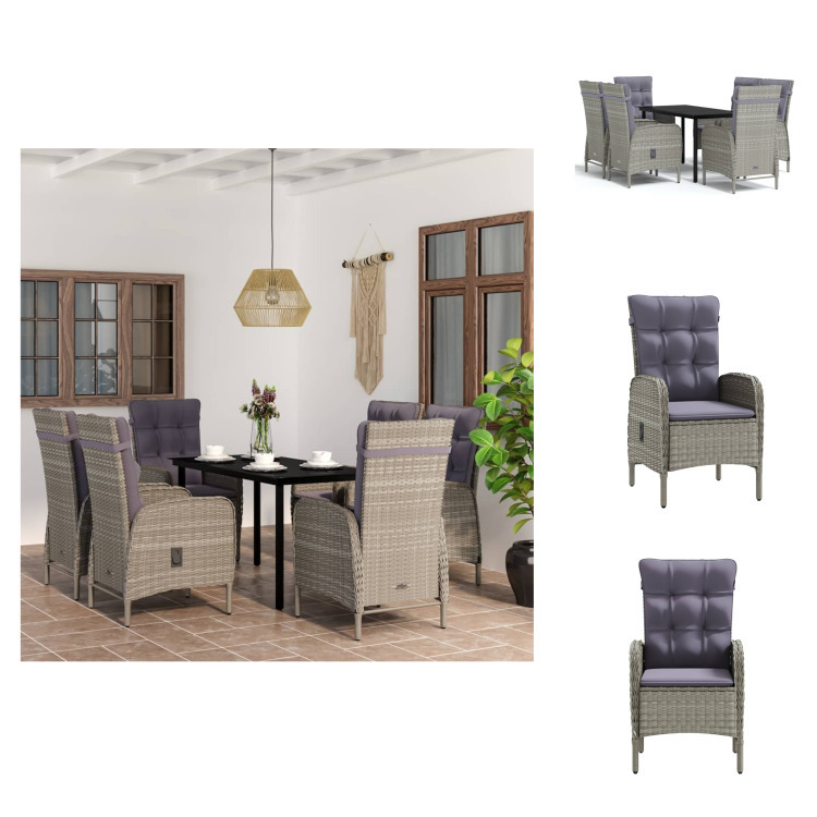 vidaXL 7-dielny záhradný jedálenský set s vankúšmi sivý a čierny - Záhradné nábytkové zostavy