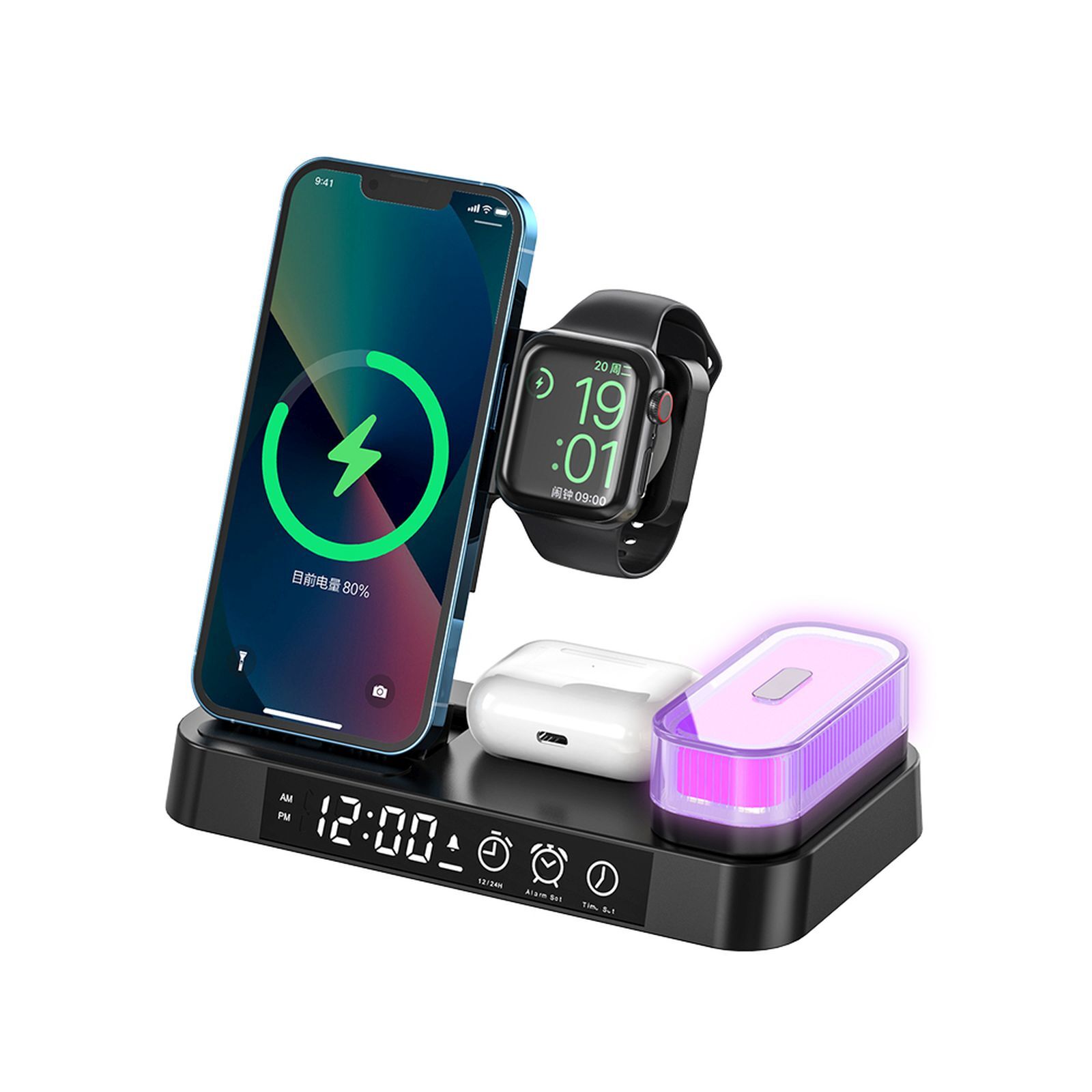 5v1 indukčná nabíjacia stanica Qi Wireless Charger nabíjačka digitálne hodiny nočné svetlo