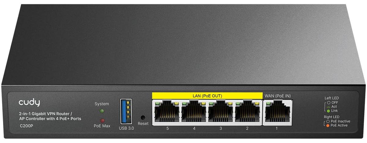 Cudy VPN-Router SMB 2-In-1 AP Controller C200P, 4 GbE-LAN-Ports PoE+, 1 Gigabit-WAN-Port, USB 3.0, Bis zu 200 APs, Captive Portal, WireGuard/OpenVPN/IPsec
