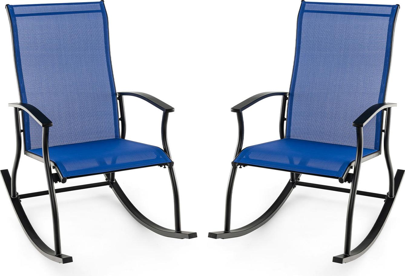 sada 2 hojdacích kresiel do záhrady, vonkajšie hojdacie kreslá s ergonomickým operadlom a priedušným sedadlom, tmavomodrá + čierna