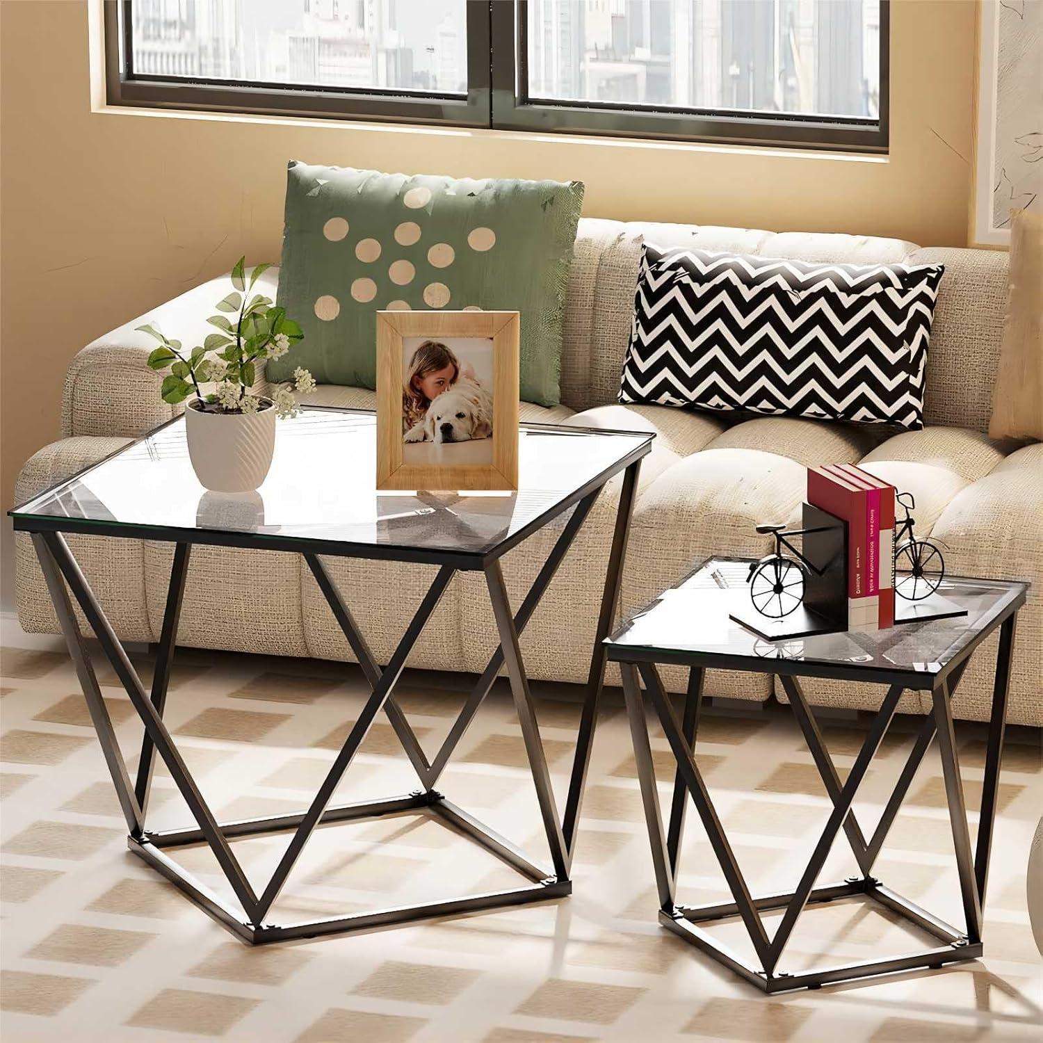 Sonstige Glas Couchtisch 2er Set Quadratisch, Modernes Wohnzimmer Beistelltisch Transparentes Glas Home Office Sofatisch