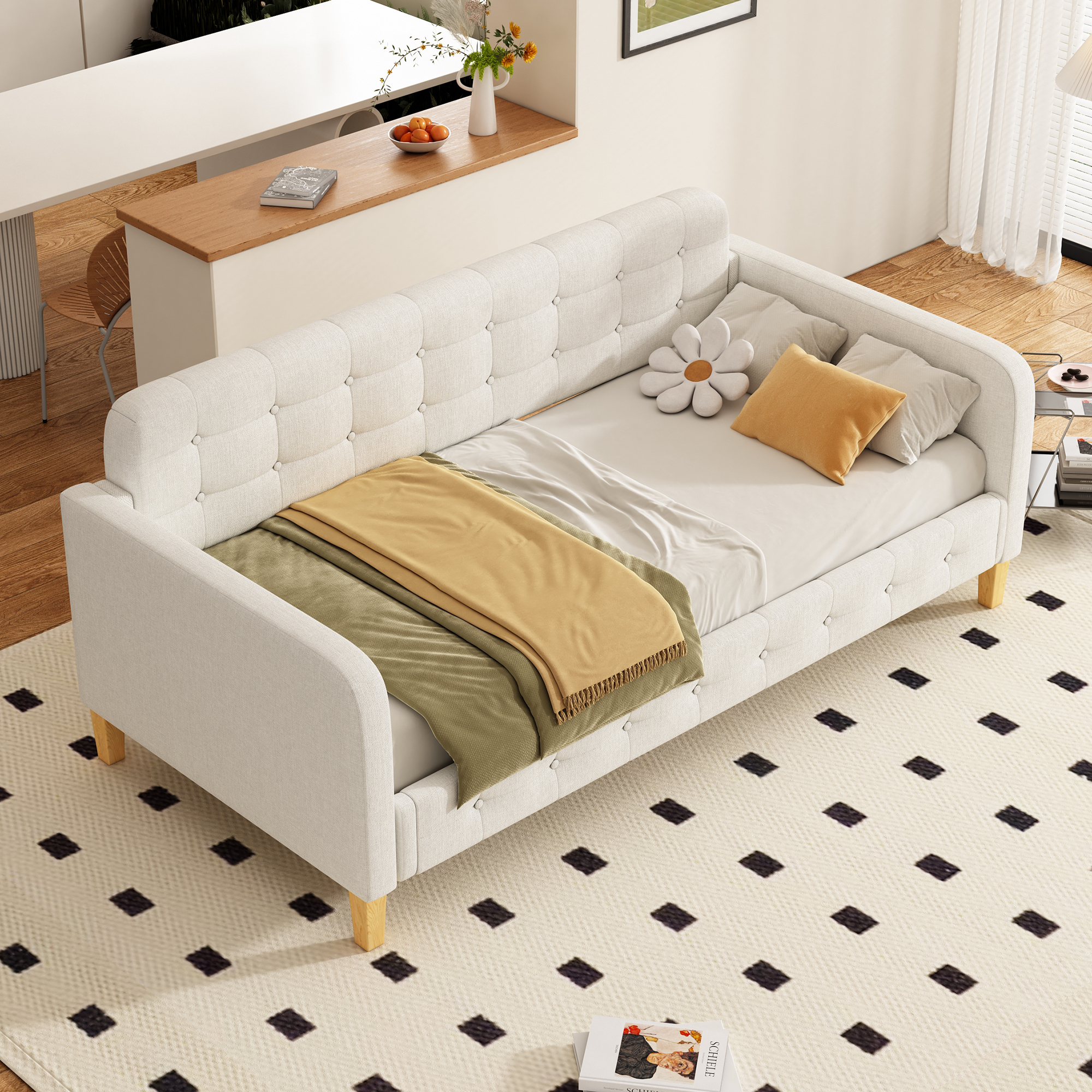 okwish Schlafsofa Daybett 90x200cm mit Lattenrost, Tagesbett Kinderbett Jugendbett Sofabett aus Holz(Ohne Matratze)- Beige