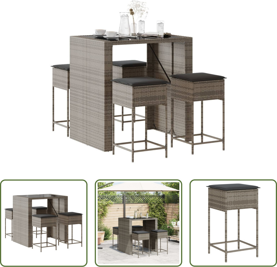 The Living Store 5-dielny záhradný barový set s vankúšmi sivý polyratan