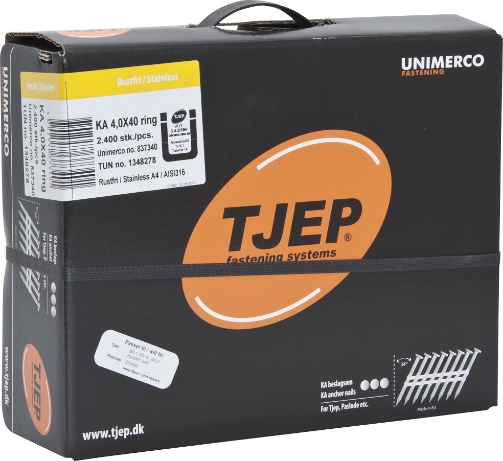 34° Ankernägel 4,0x40mm Ring rostfrei A4 plastgebunden f. Tjep KA 2 Ankernagler 2,4M 837340