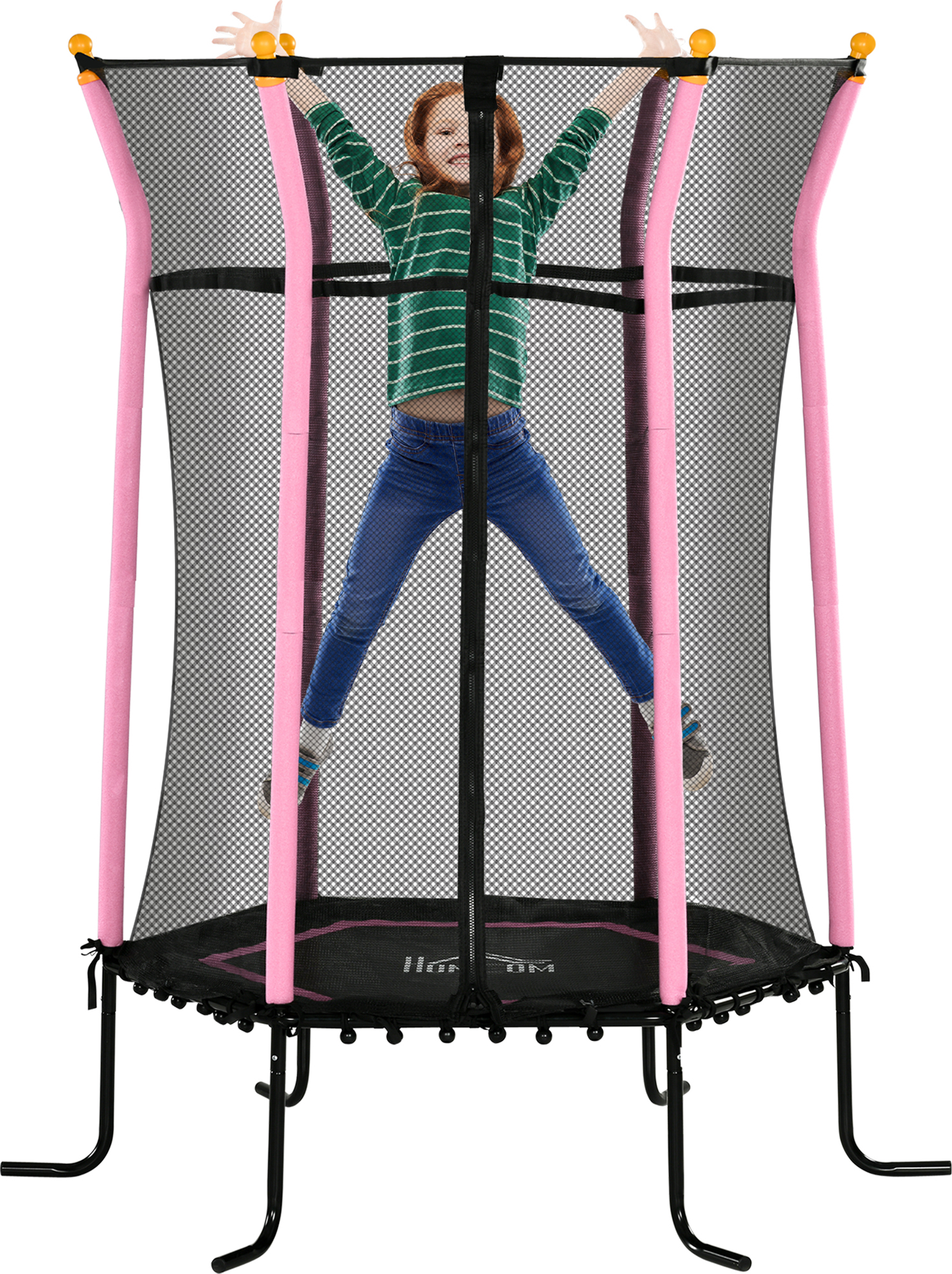 HOMCOM Detská trampolína Ø163,5 cm, vnútorná trampolína s bezpečnostným sieťovým krytom okraja gumové lano, detská trampolína do 50 kg, pre deti od 3 do 10 rokov Ružová