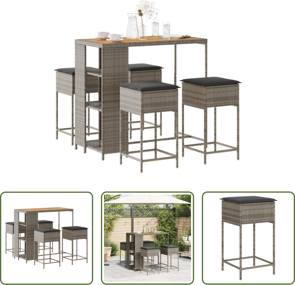 The Living Store 5-dielny záhradný barový set s vankúšmi sivý polyratan