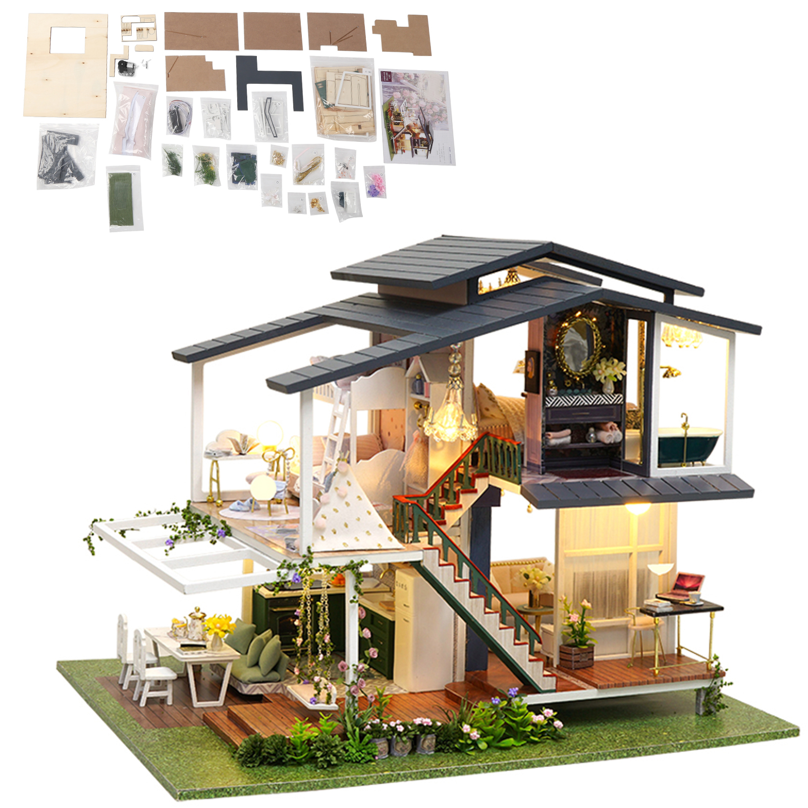 Cocosity Mini-Puppenhaus,DIY-Puppenhaus,Miniatur-Puppenhaus,3D-Holzhäuser,Miniatur-Puppenhaus,Garten-Puppenhaus
