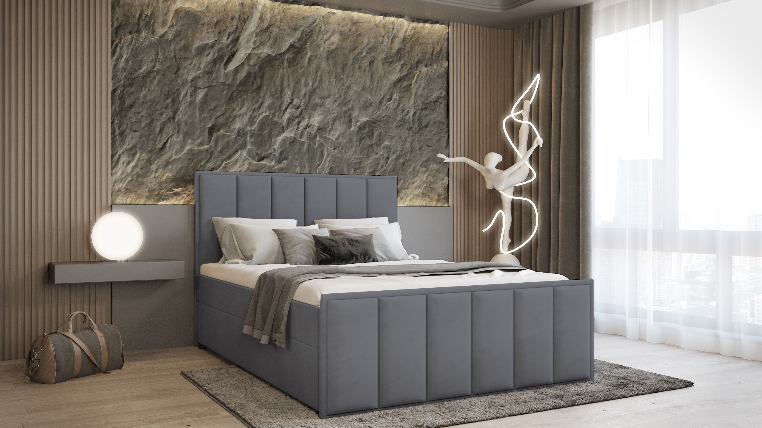 PREDAJ LEADER skriňová posteľ PARIS 180x200 cm čalúnená posteľ s dvoma zásuvkami, kompletná súprava s matracom a topperom (4 cm), grafit, posteľná látka JASMINE 96