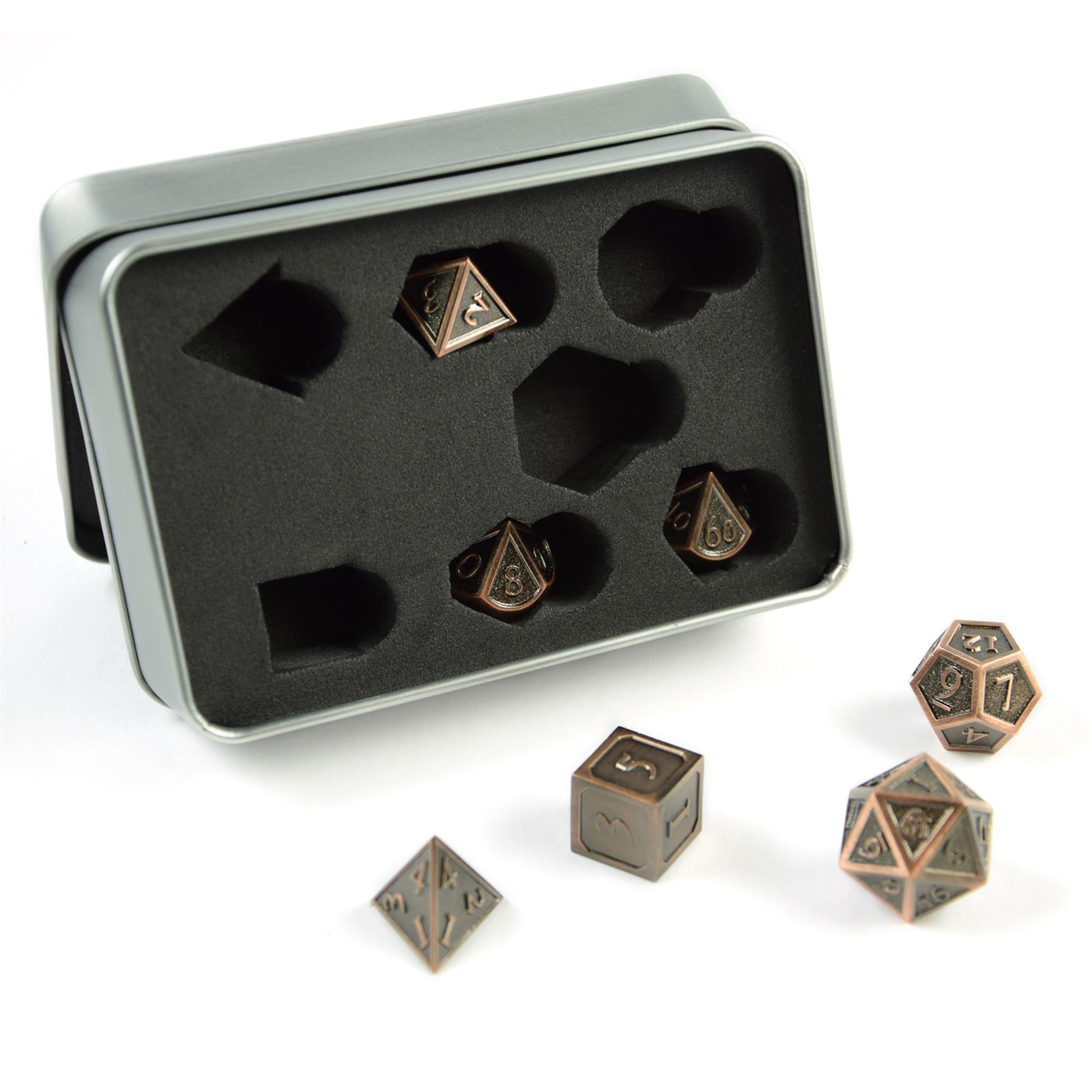 PhoneNatic 7 polyedrische Metall-Würfel für Rollen- und Tabletopspiele in Steampunk Kupfer-Bronze-Optik inkl. Aufbewahrungsbox Polyedrische Würfel