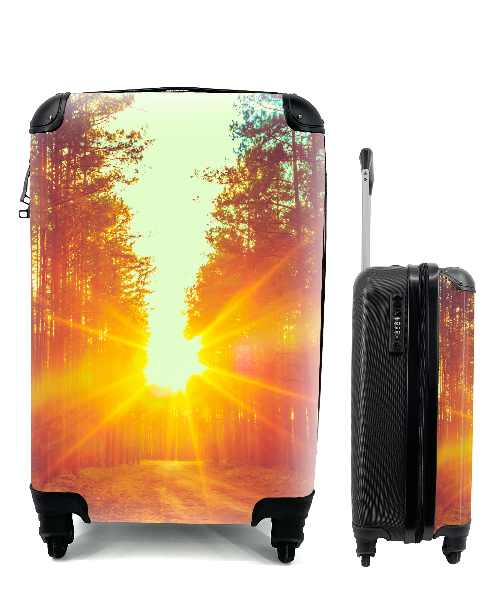 MuchoWow® Koffer Handgepäck Trolley Rollkoffer Kleine Reisekoffer mit 4 Rollen - Sonnenuntergang - Bäume - Wald - Natur - Cabin Size < 55x40x23 cm & 55x40x20 cm - Fotokoffer - Kabinenkoffer - Boardgepäck - Reise-Box - Reisekoffer - Reisegepäck - Koffer mit Bild - Trolley für Kinder 68|891611641