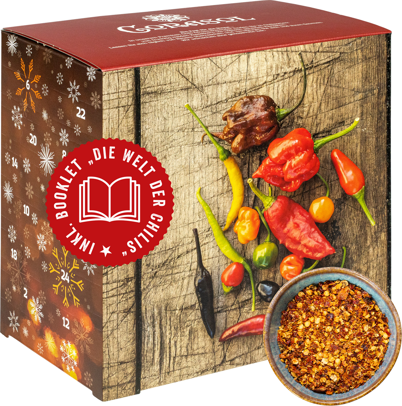 Corasol Premium Chili Adventskalender mit 24 geschroteten Chilisorten mit bis zu 1.5 Mio. Scoville, Geschenk-Idee für scharfe Männer (128 g) COR60CHILI