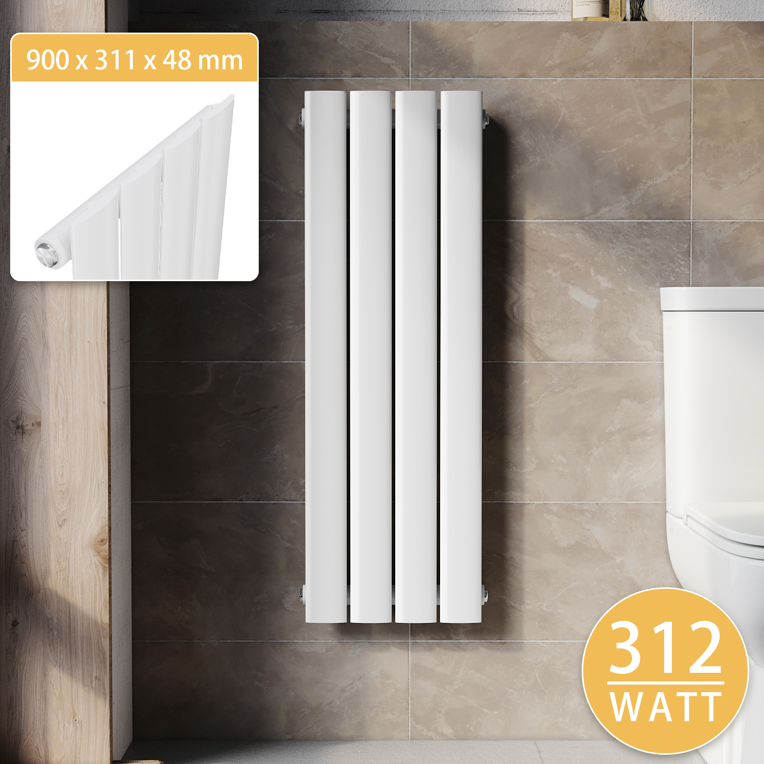 SONNI, vertikálny radiátor, malý, plochý, biela farba, 900 × 311 mm, bez vykurovacieho telesa