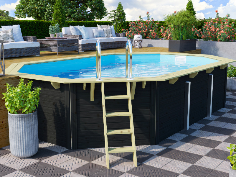 Holzpool SET Achteck Langform Folie blau 6,10 x 4,00 x 1,24 m