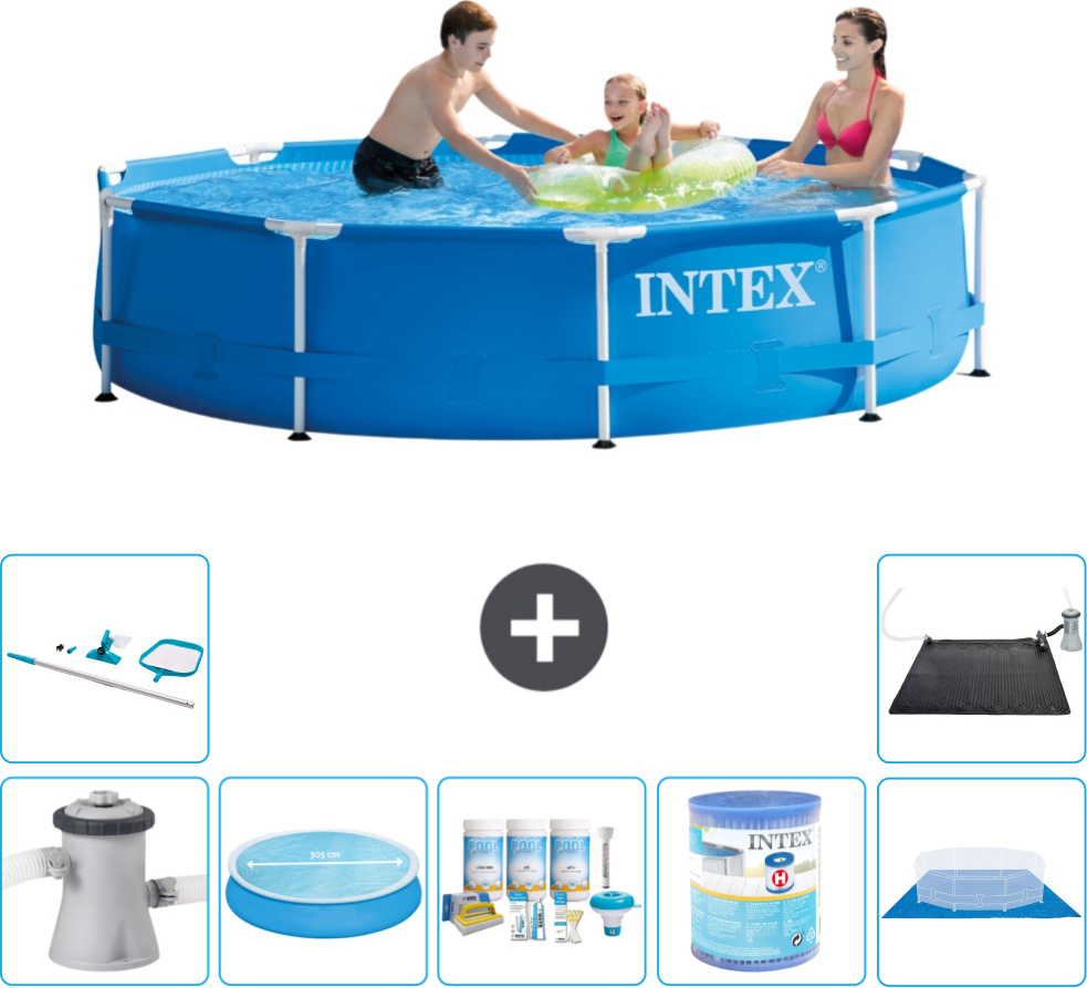 Bazén s okrúhlym rámom Intex - 305 x 76 cm - modrý - vrátane čerpadla - markízy - balíka na údržbu - filtra - krycej plachty - čistiacej súpravy - solárnej podložky