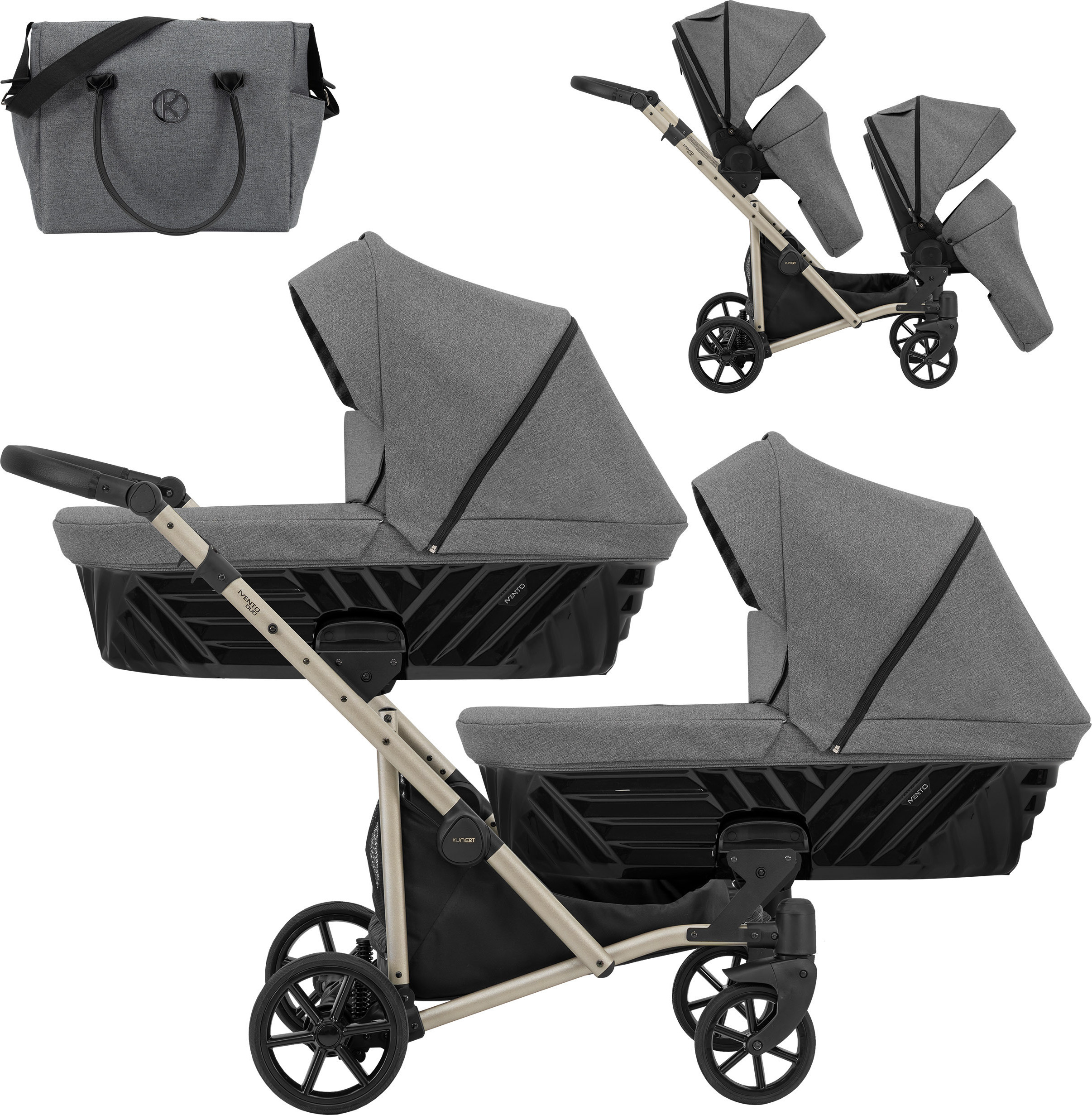 Kinderwagen IVENTO DUO 2 in 1 Komplettset Zwillingskinderwagen Geschwisterwagen Zwillingsbuggy Doppelkinderwagen (Graphite, Rahmenfarbe: champagne)