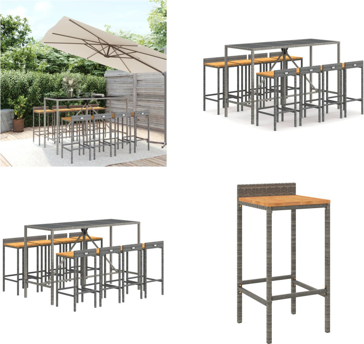 vidaXL 9-dielny záhradný barový set sivý polyratan a masívne drevo akácie - Záhradný barový set - Záhradné barové sety - Záhradný barový set - Záhradný bar