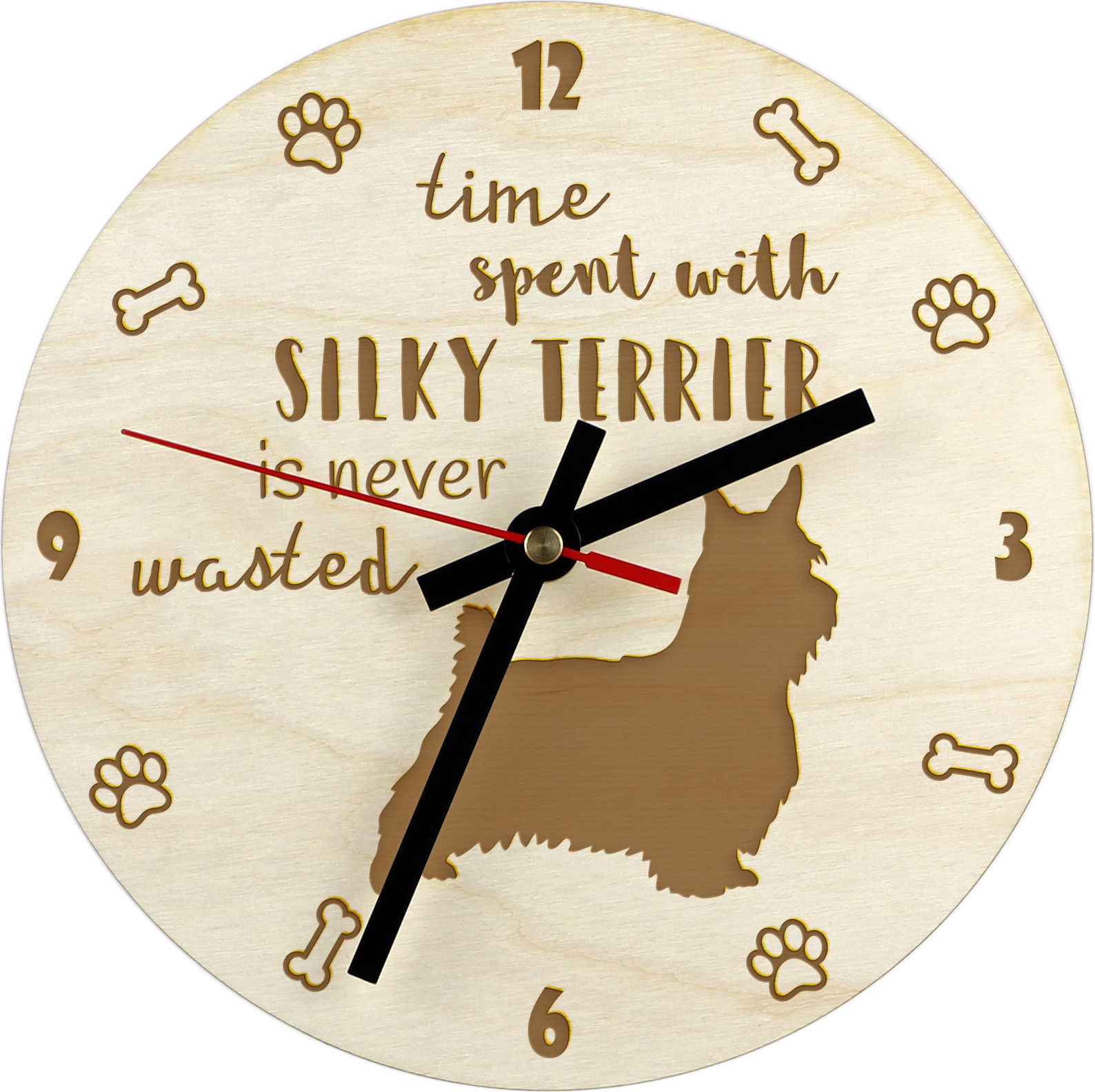 Silky teriér - hodiny so psom, drevené hodiny s gravírovaním, personalizované hodiny od Art-Dog