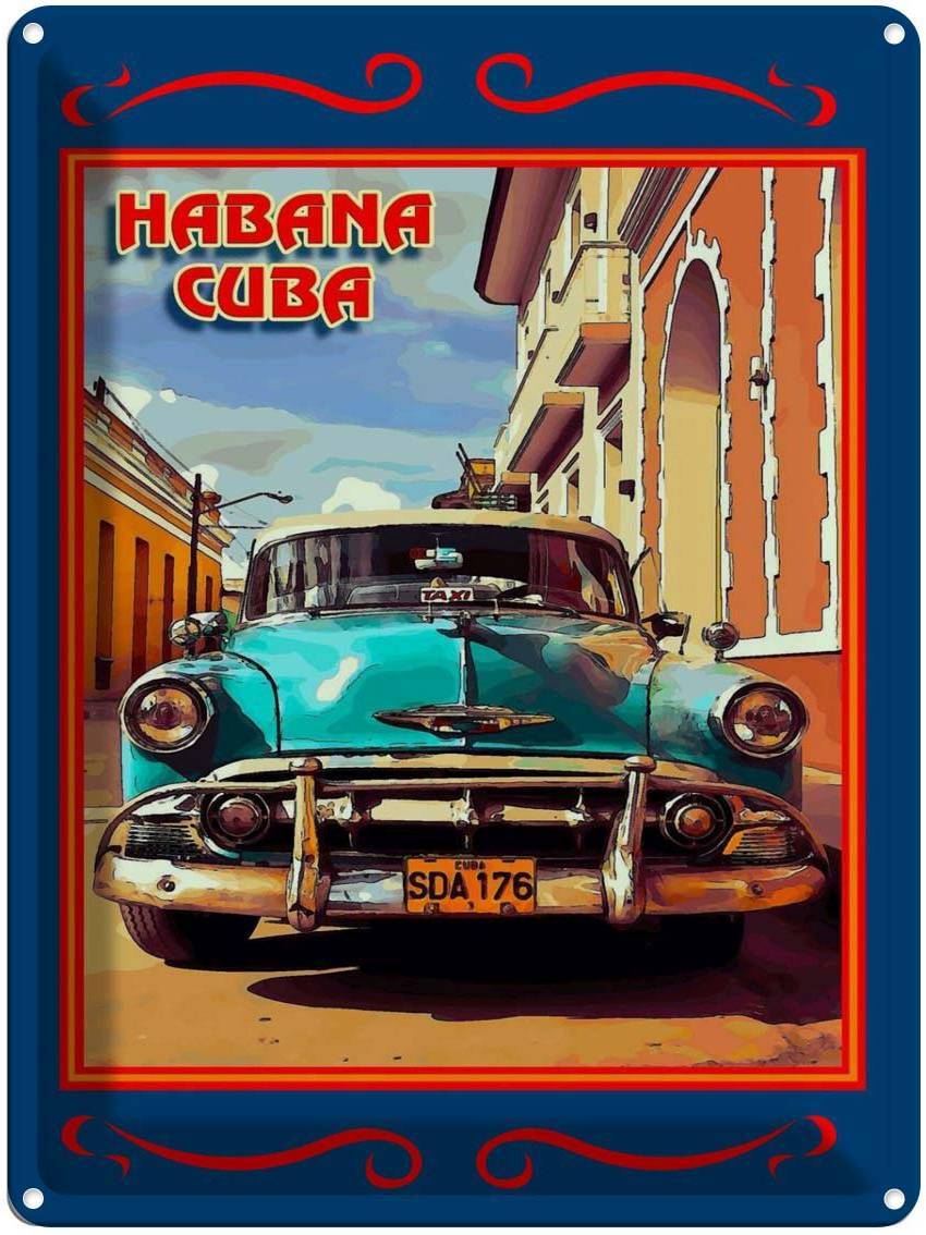 vianmo Kovový Nástenný nápis 30x40 cm Cuba Habana Cuba blaues Auto