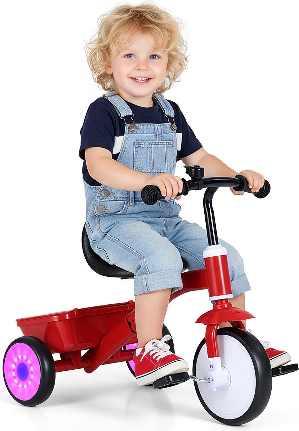 COSTWAY Kinder Dreirad, Kinder Laufrad mit leuchtenden Rädern, Klingel, Aufbewahrungsbox, 4-stufig Verstellbarer Sitz&abnehmbare Pedale, Kinder 3+ Rot