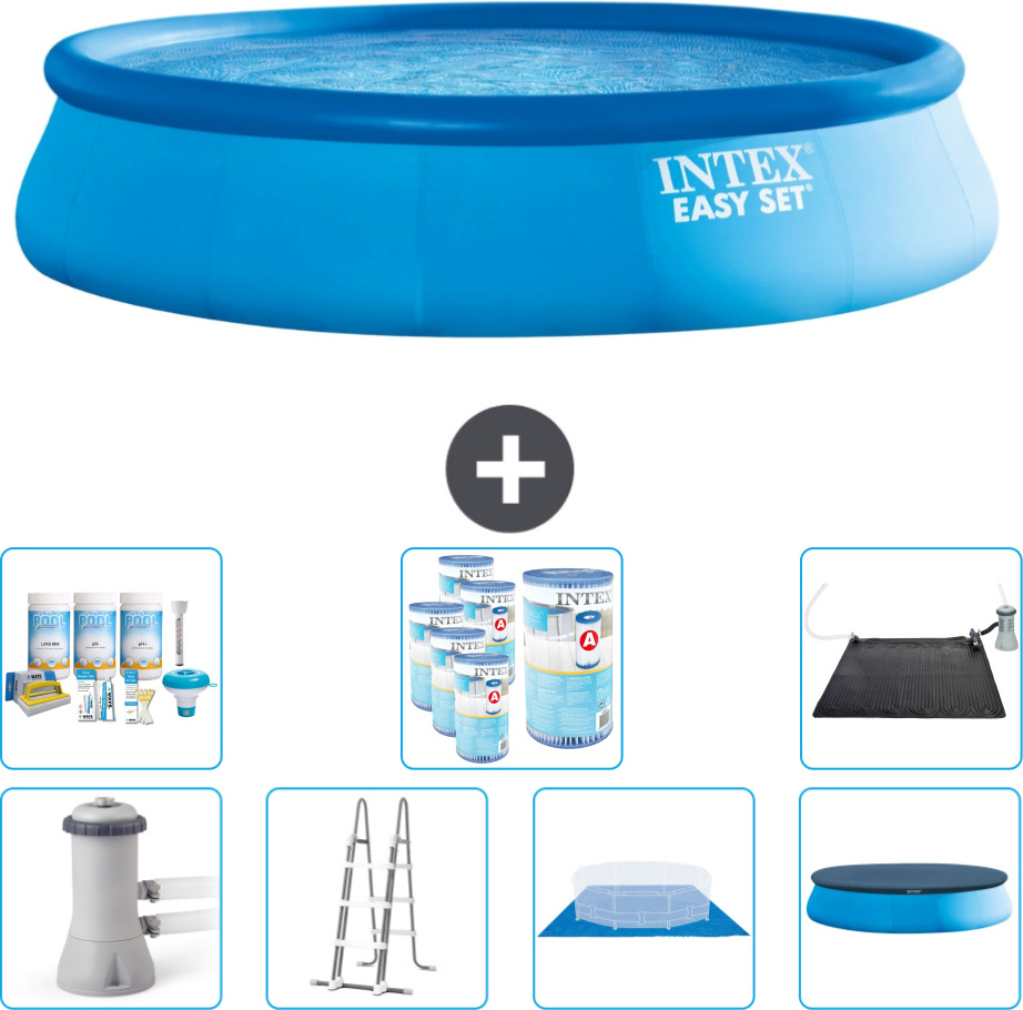 Okrúhly nafukovací bazén Intex Easy Set - 457 x 107 cm - modrý - vrátane čerpadla - rebríka - krycej plachty - balenia na údržbu - filtra - solárnej podložky