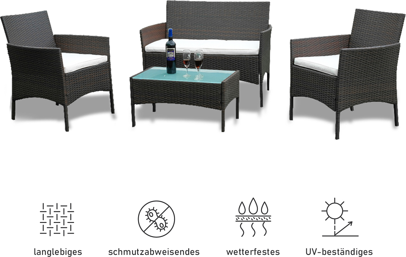 Súprava záhradného nábytku Vysokokvalitná polyratanová sedacia súprava Brown Lounge Set s 2-miestnou pohovkou, samostatnými stoličkami, stolom a vankúšmi na sedenie¡