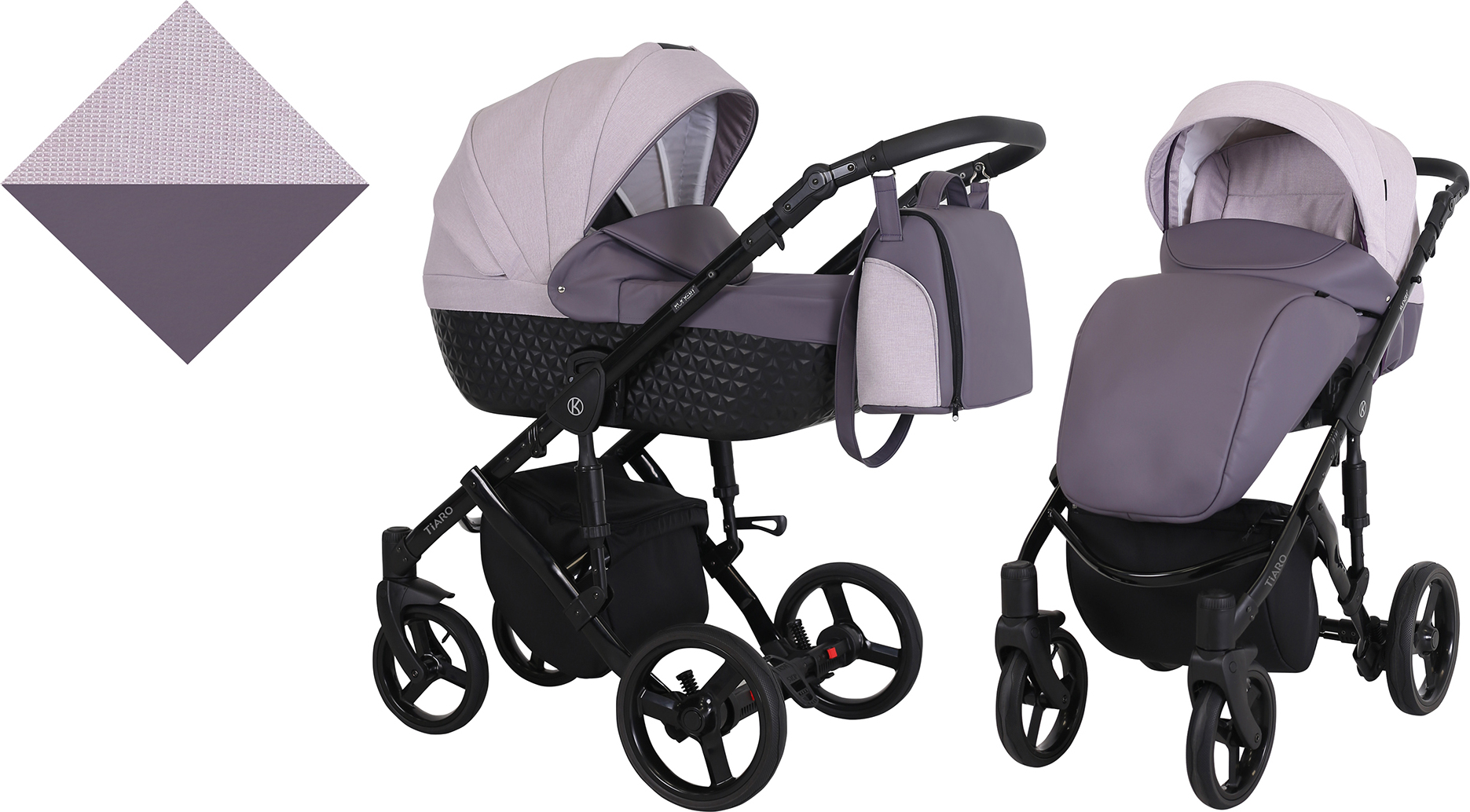 Kinderwagen TIARO Sportwagen Babywagen Babyschale Komplettset Kinder Wagen Set 2 in 1 (Violett mit Heidekraut, Rahmenfarbe: Schwarz)