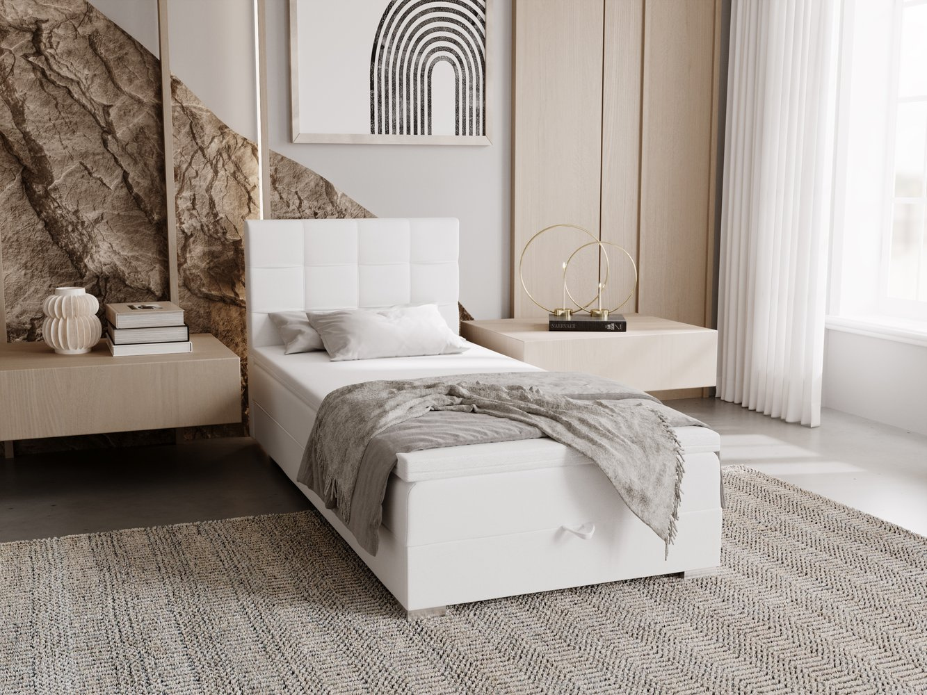 Čalúnená posteľ 90x200 ELSIE 2 s úložným priestorom - biela, pravé prevedenie