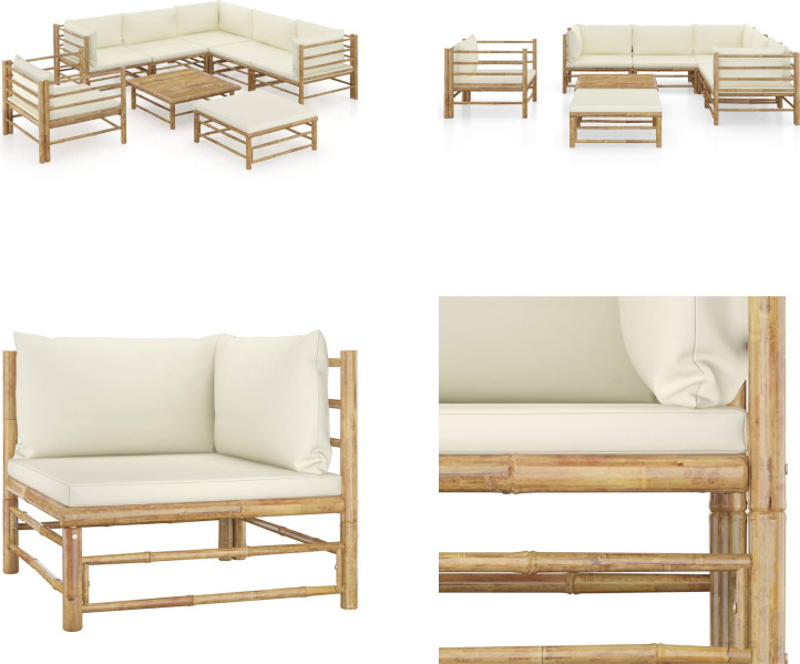 vidaXL 8-dielna záhradná súprava s krémovo bielymi vankúšmi bambus - Záhradná súprava - Záhradné súpravy - Záhradný nábytok - Súprava záhradného nábytku