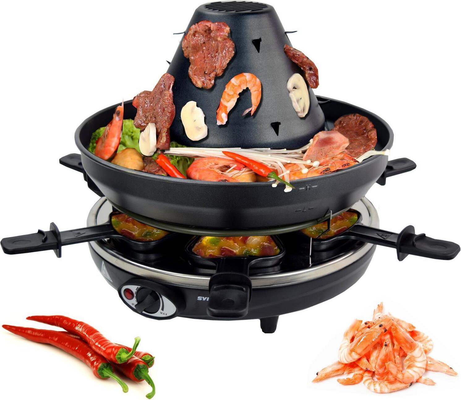 Syntrox Germany 6er Tatarenhut Raclette Grill Tischgrill mit Pfännchen - Emailliert, Multifunktional, Perfekt für Fleisch, Gemüse und Fondue RAC-TAT-1500W