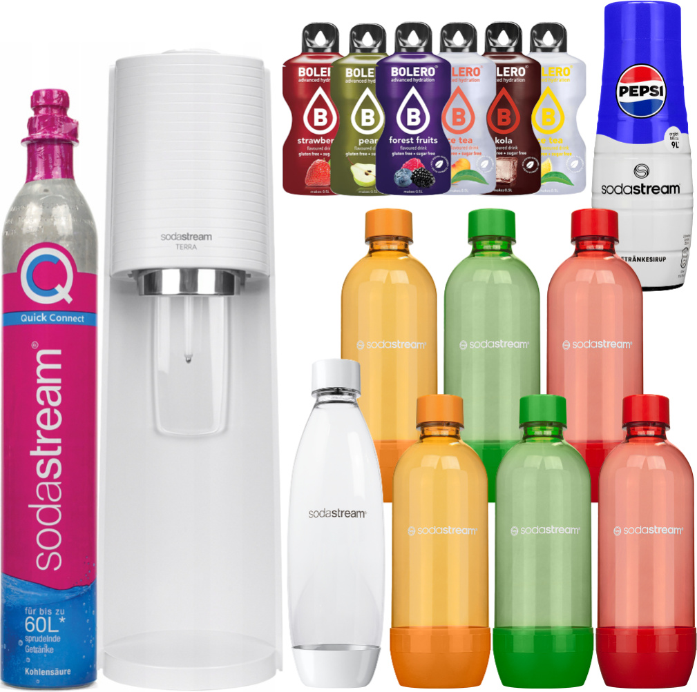 Výrobník perlivej vody SodaStream Terra White + 7 fliaš, 1 l, biela/oranžová/zelená/červená + Bolero + sirup Pepsi 440 ml