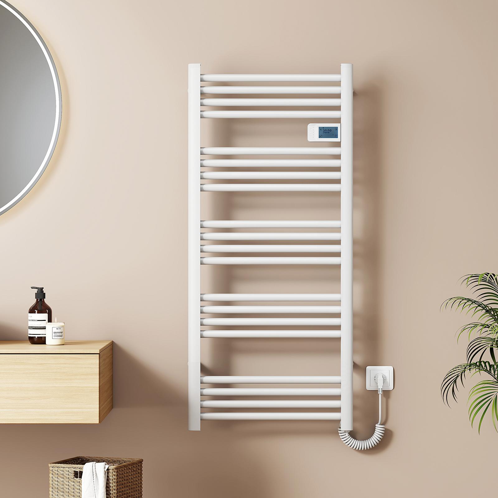 EMKE Elektrický radiátor na uteráky 1200 × 540 mm, 600 W Kúpeľňový radiátor s dotykovým časovačom, týždenným programom sušenia uterákov a ohrievačom uterákov, biely