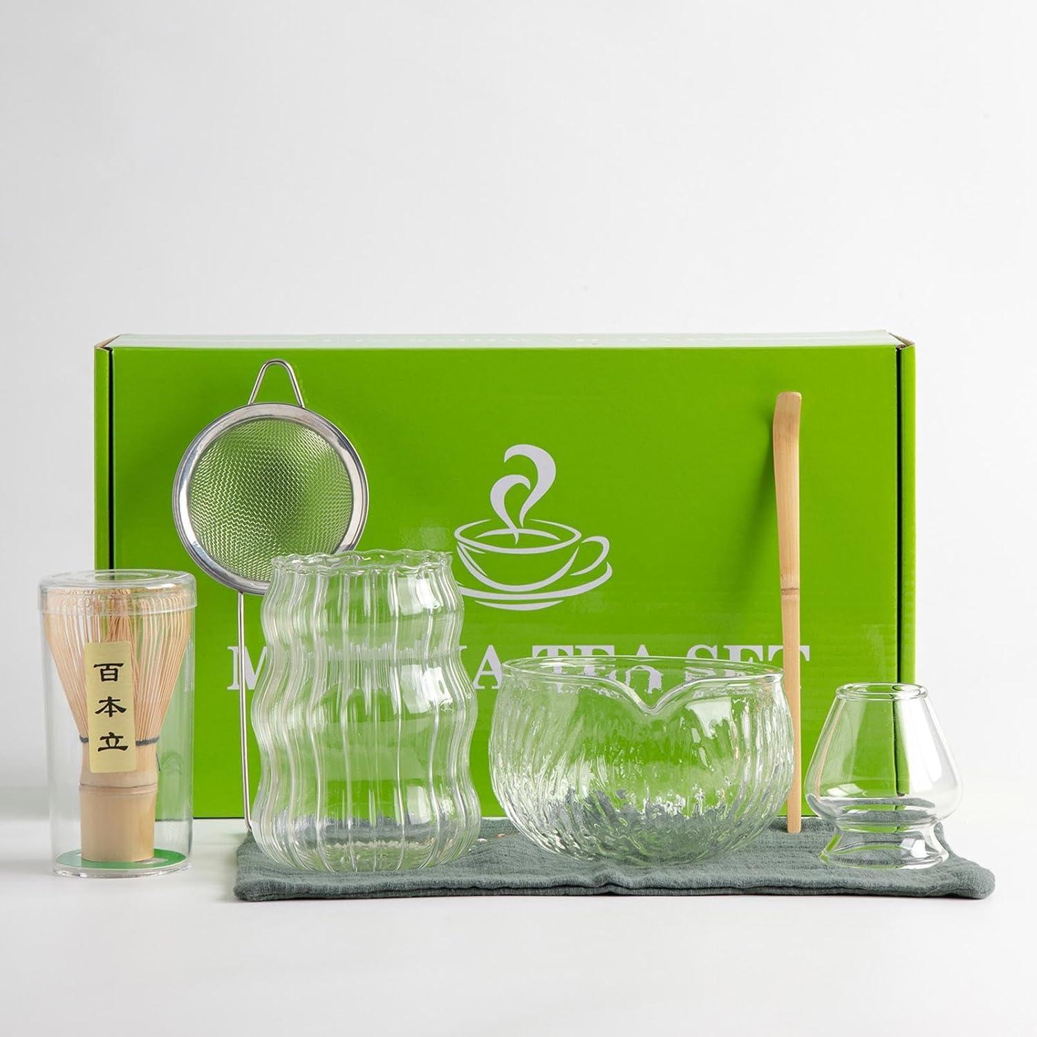 bedee Matcha Teezeremonie Set, Matcha Komplett-Set, Japanisches Matcha-Set, Matcha-Set, Matcha Schneebesen, Glas Schale, Teelöffel, Tasse, Sieb, Teetuch