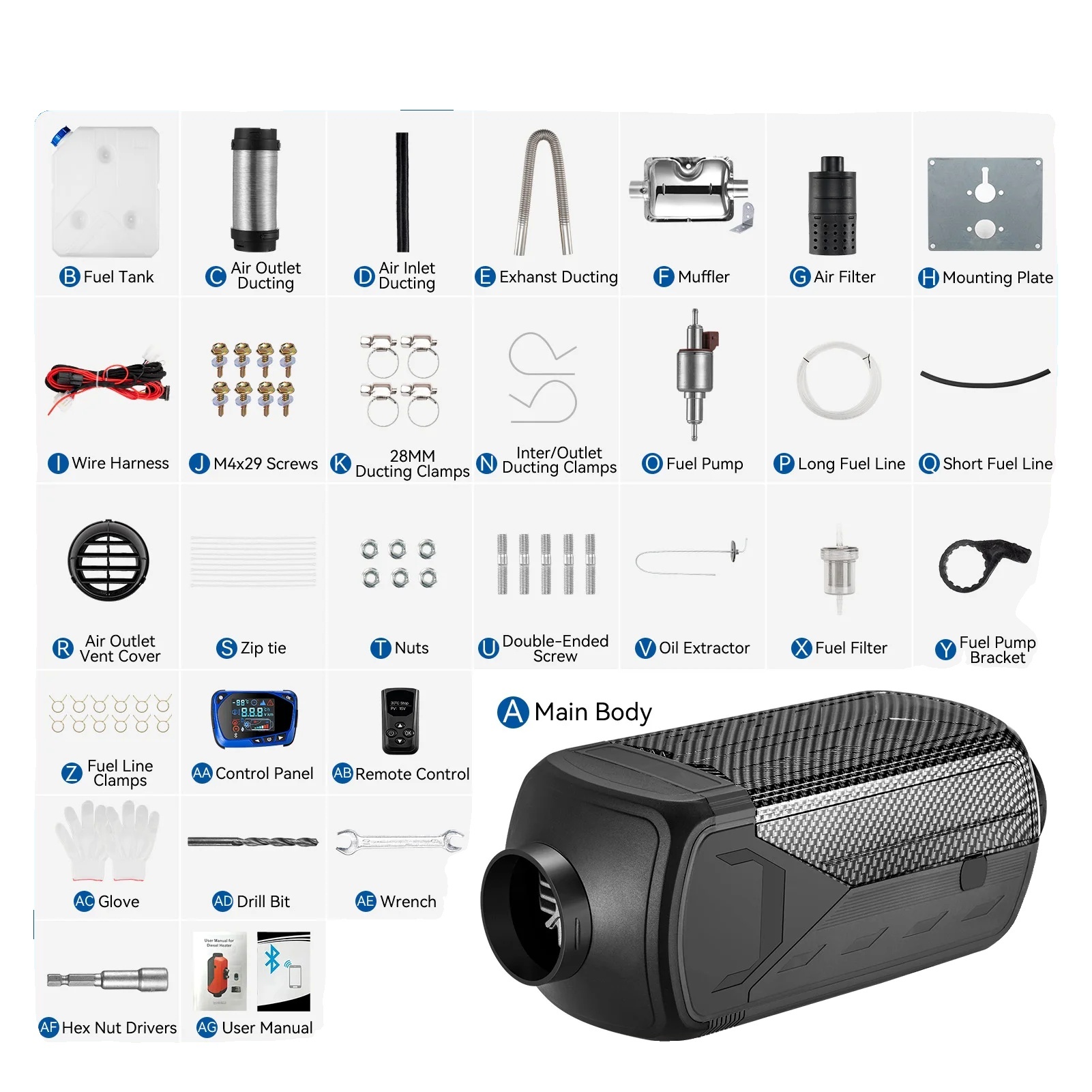Dieselový ohrievač vzduchu, výkon 5000 W, diaľkové ovládanie LCD, 8KW Black Bluetooth