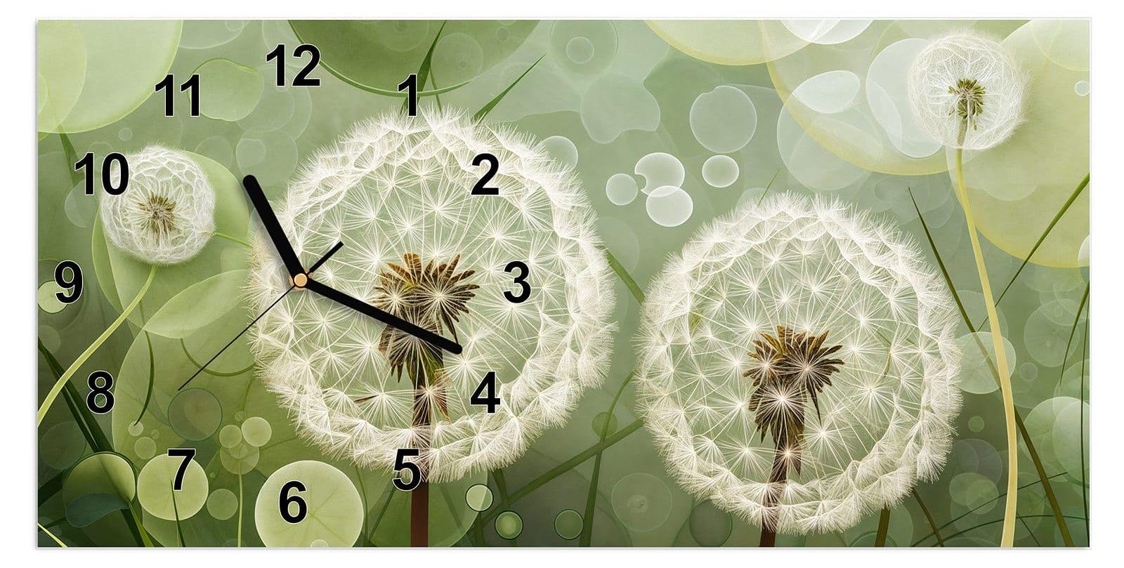 Primedeco Wanduhr aus Glas mit Motiv Löwenzahnzarte Blüten- 60 x 30 cm - inkl. Aufhängesystem