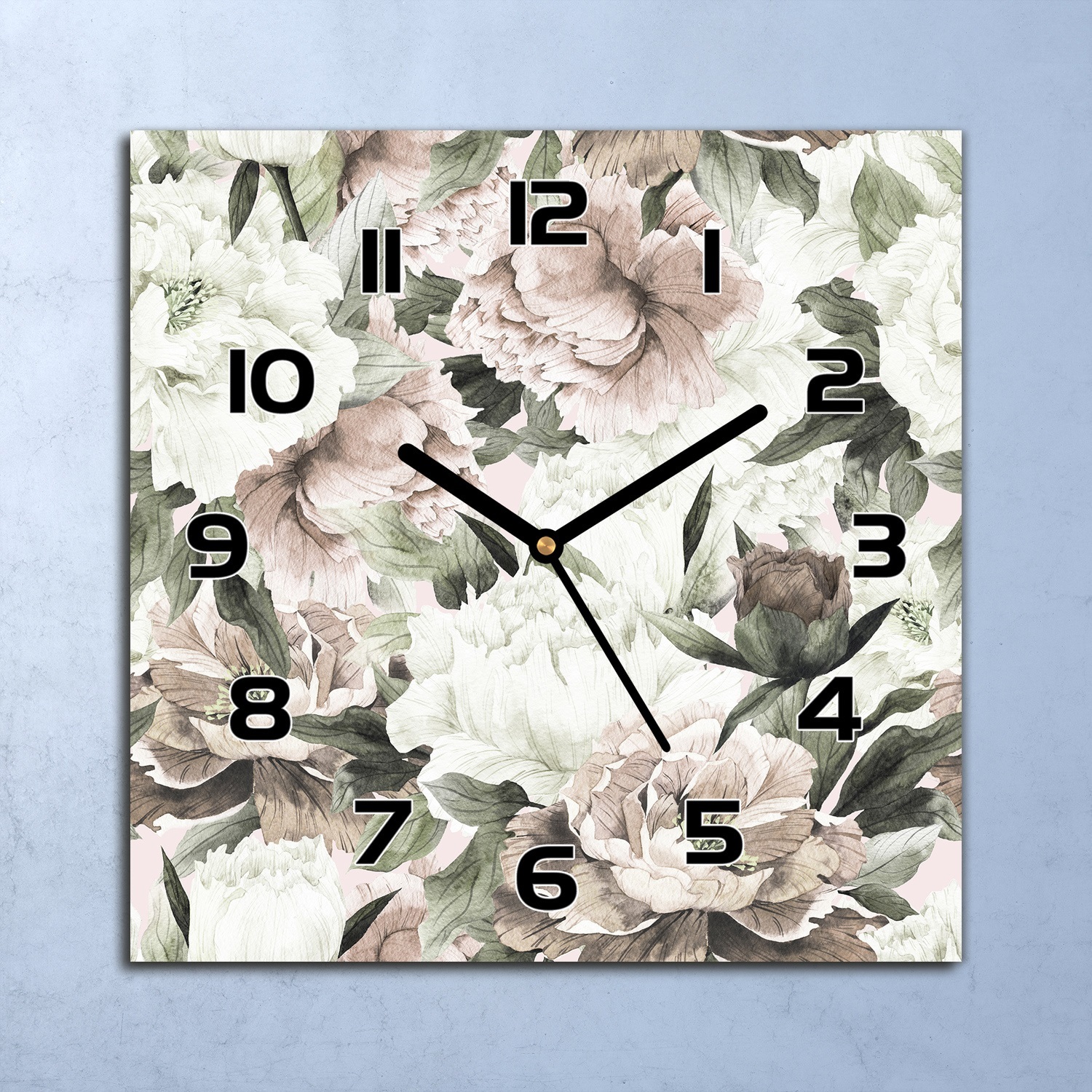 coloray Wanduhr Echt-Glas-Küchenuhr Helles Pfingstrosen Quarz 30x30 Deko Bilder zsk-black-30x30-pazzo-2