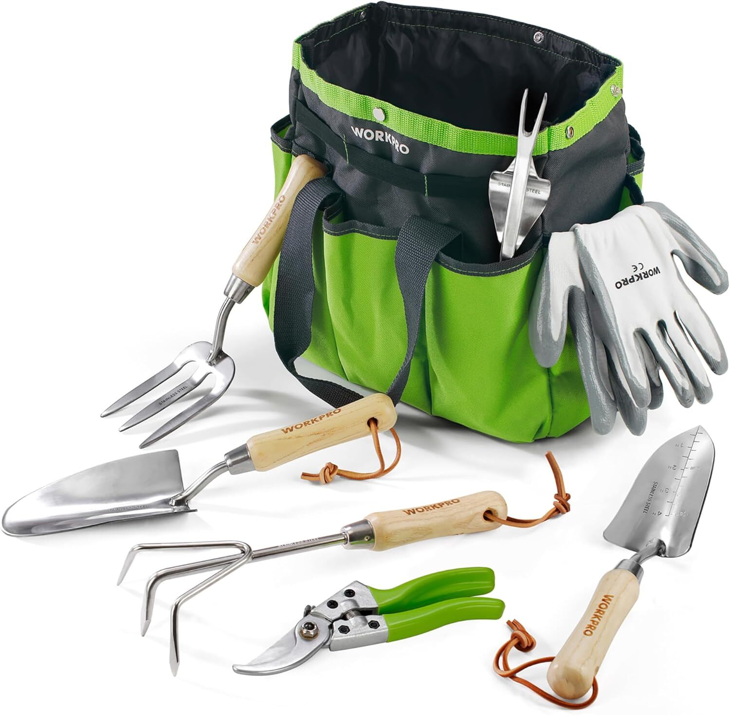 WorkPro Gartenwerkzeugset, 7 in 1 Gartenwerkzeugen aus Edelstahl -Holzgriff, enthalten.